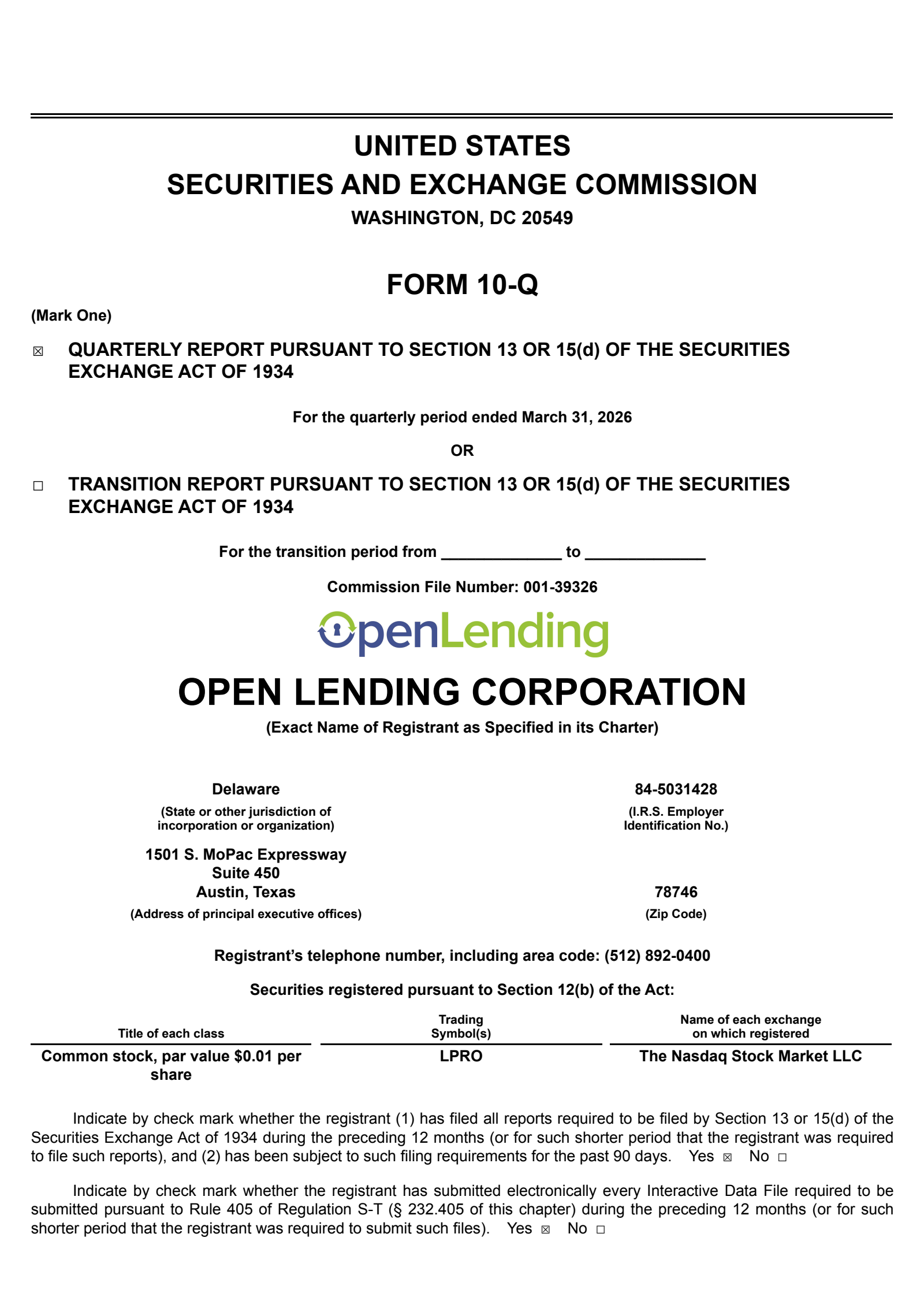 Open Lending's Q1 2026 Quarterly report