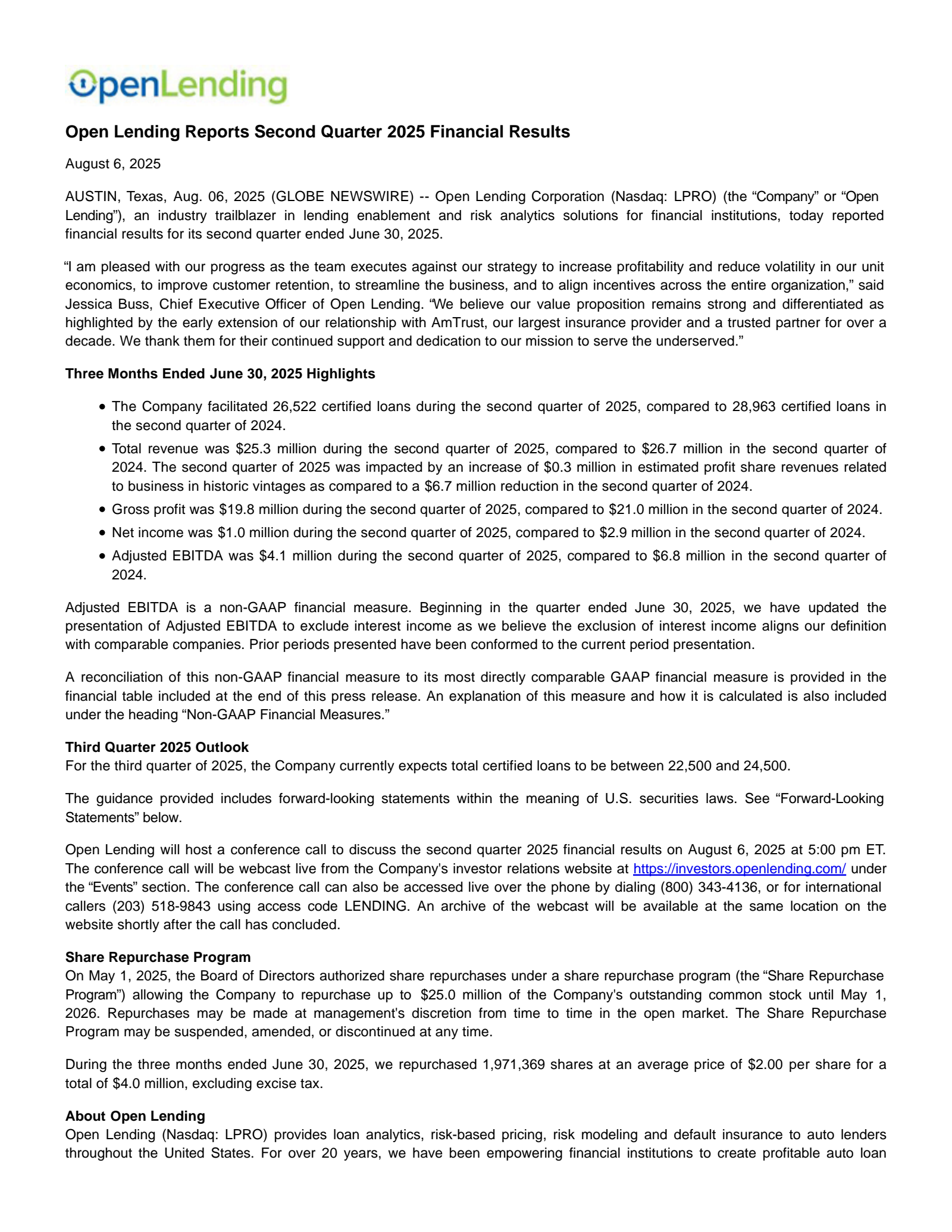Open Lending's Q2 2025 Press Release