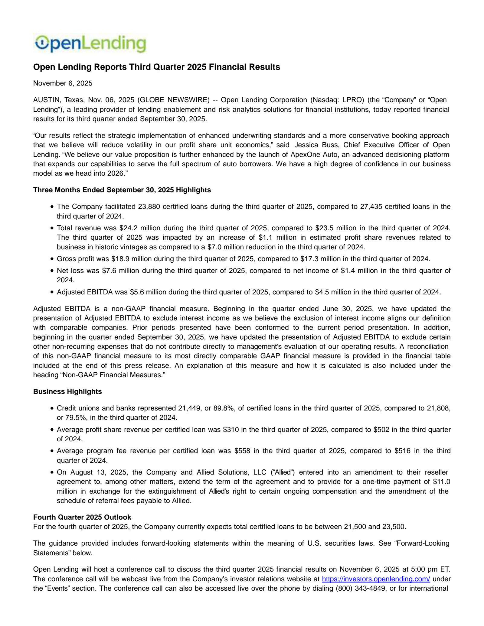 Open Lending's Q3 2025 Earnings Release