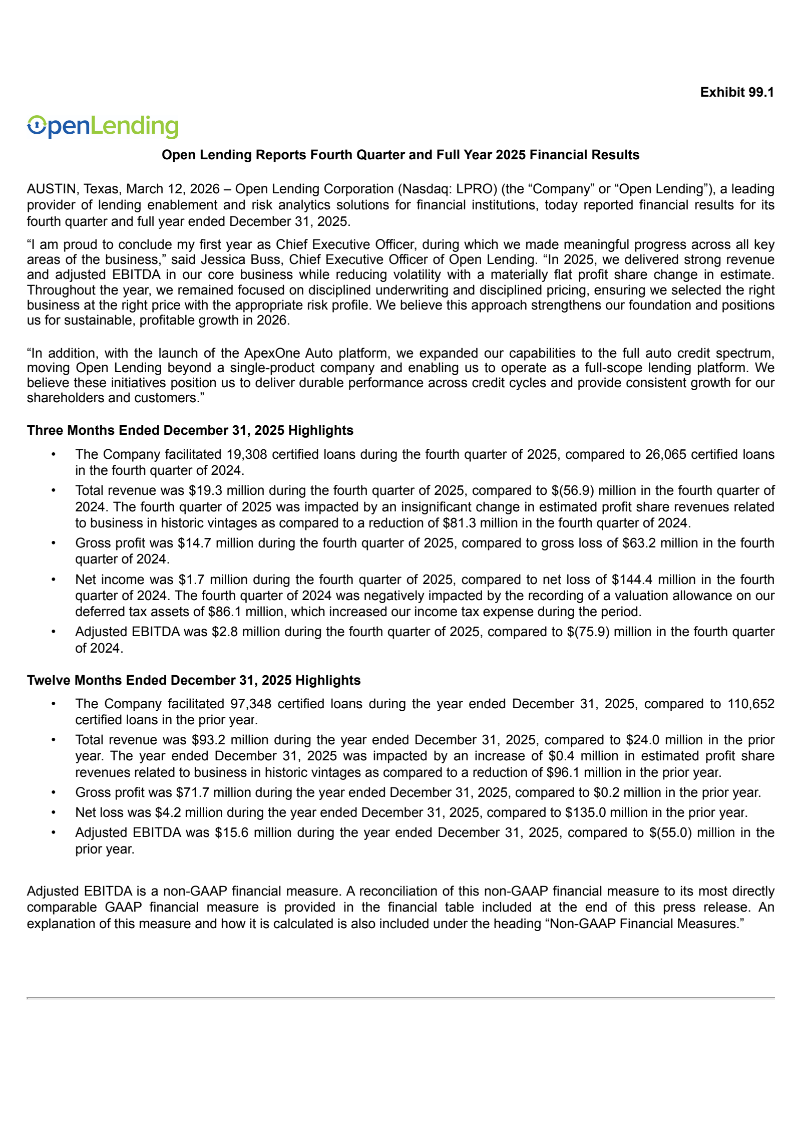 Open Lending's Q4 2025 Press Release