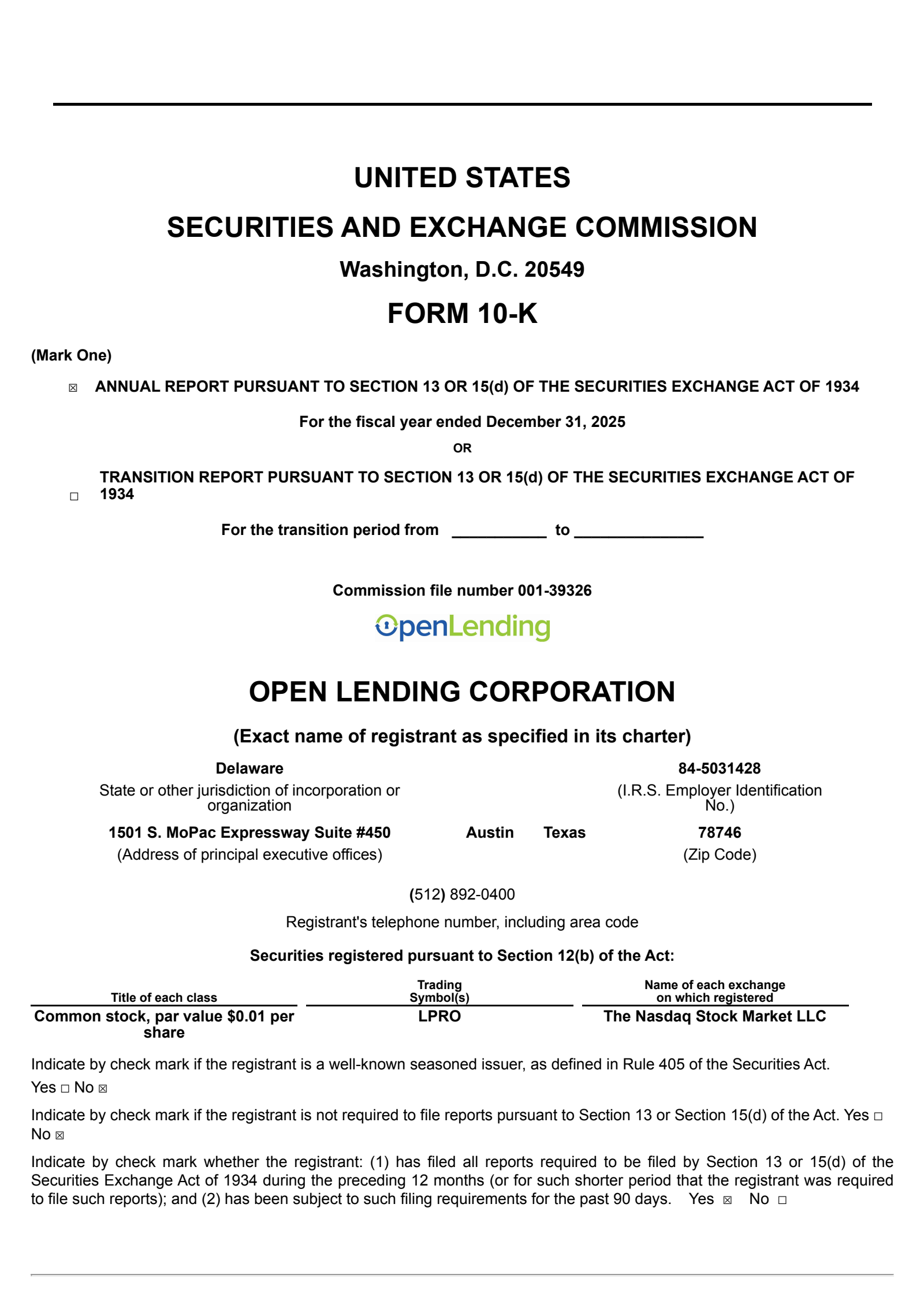 Open Lending's Q4 2025 Annual report