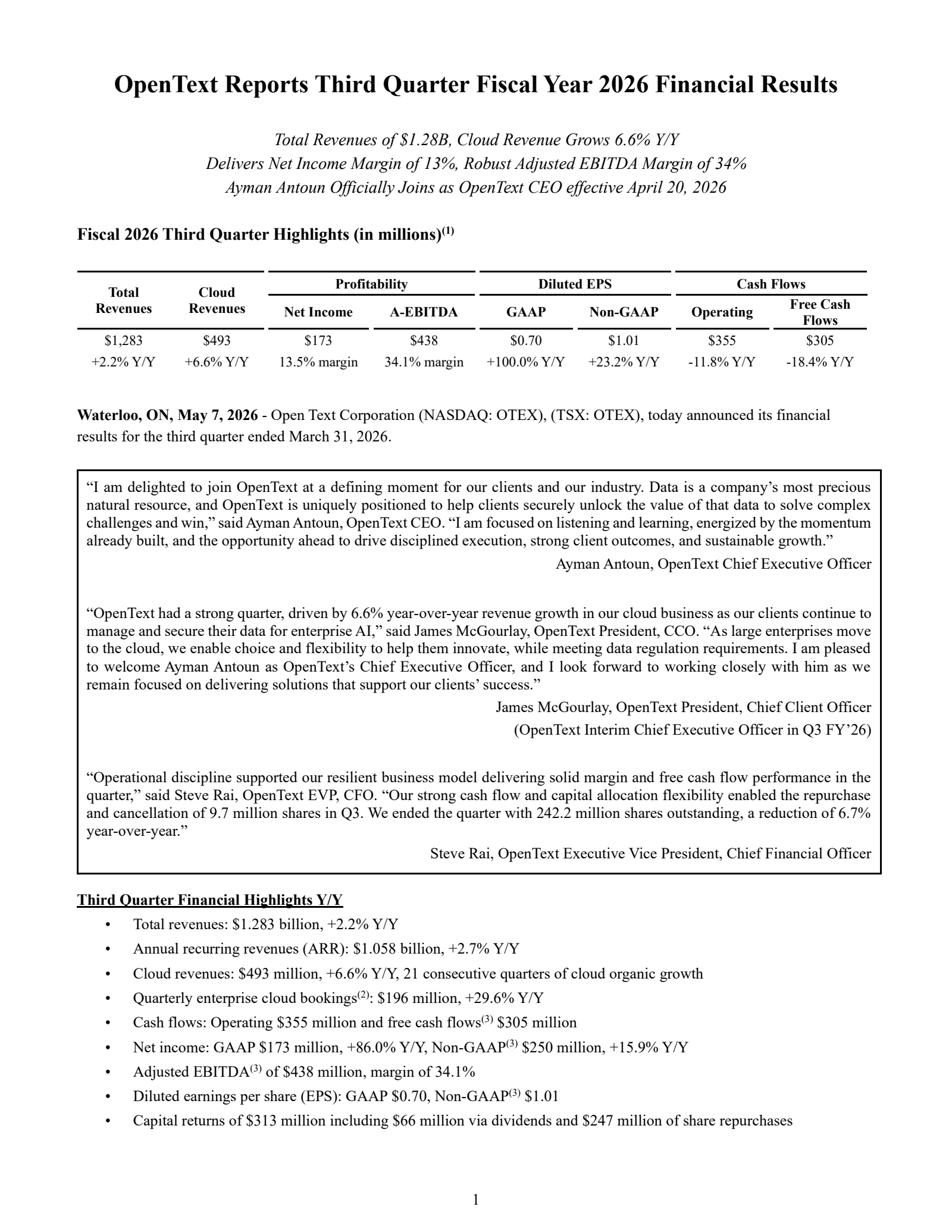 Open Text's Q3 2026 Press Release