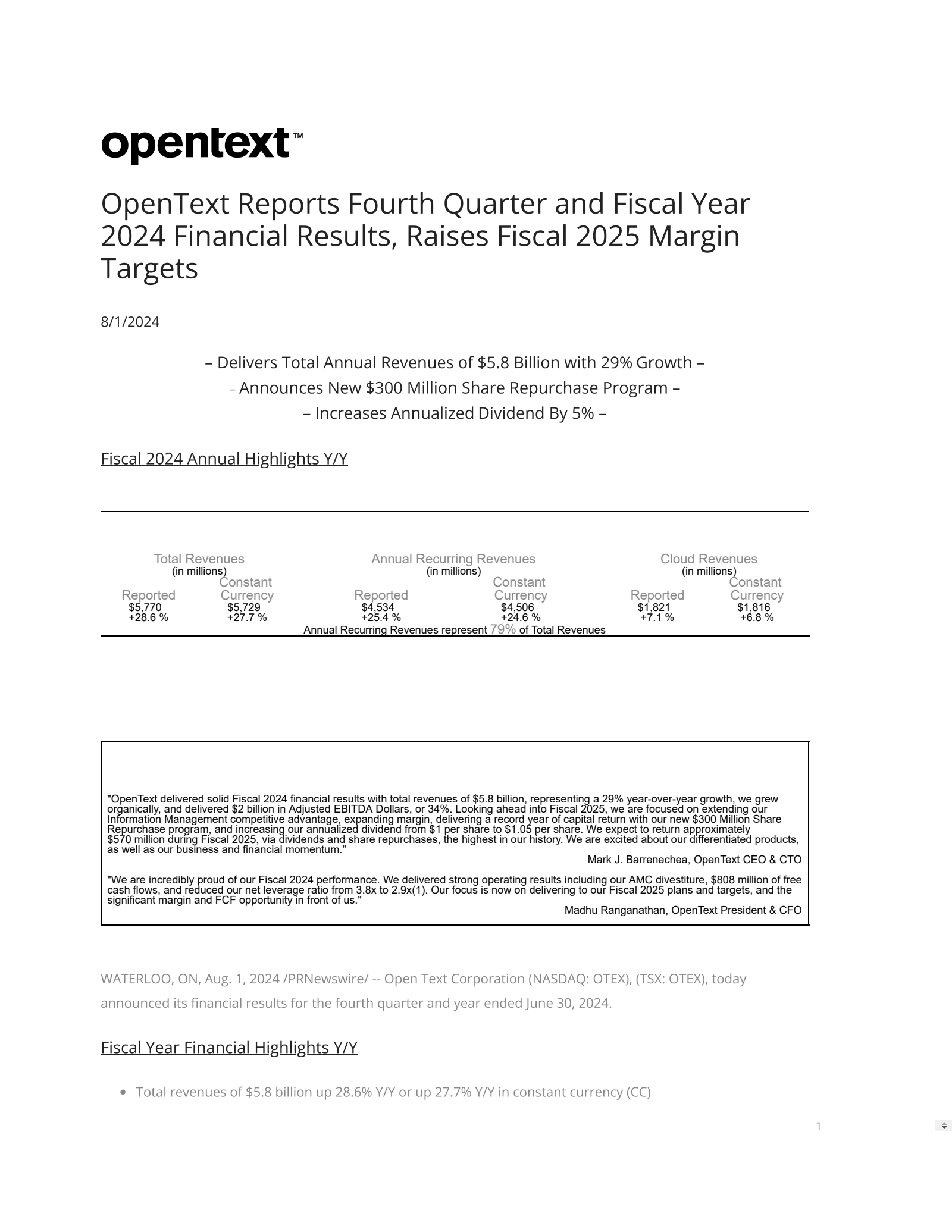 Open Text's Q4 2024 Press Release