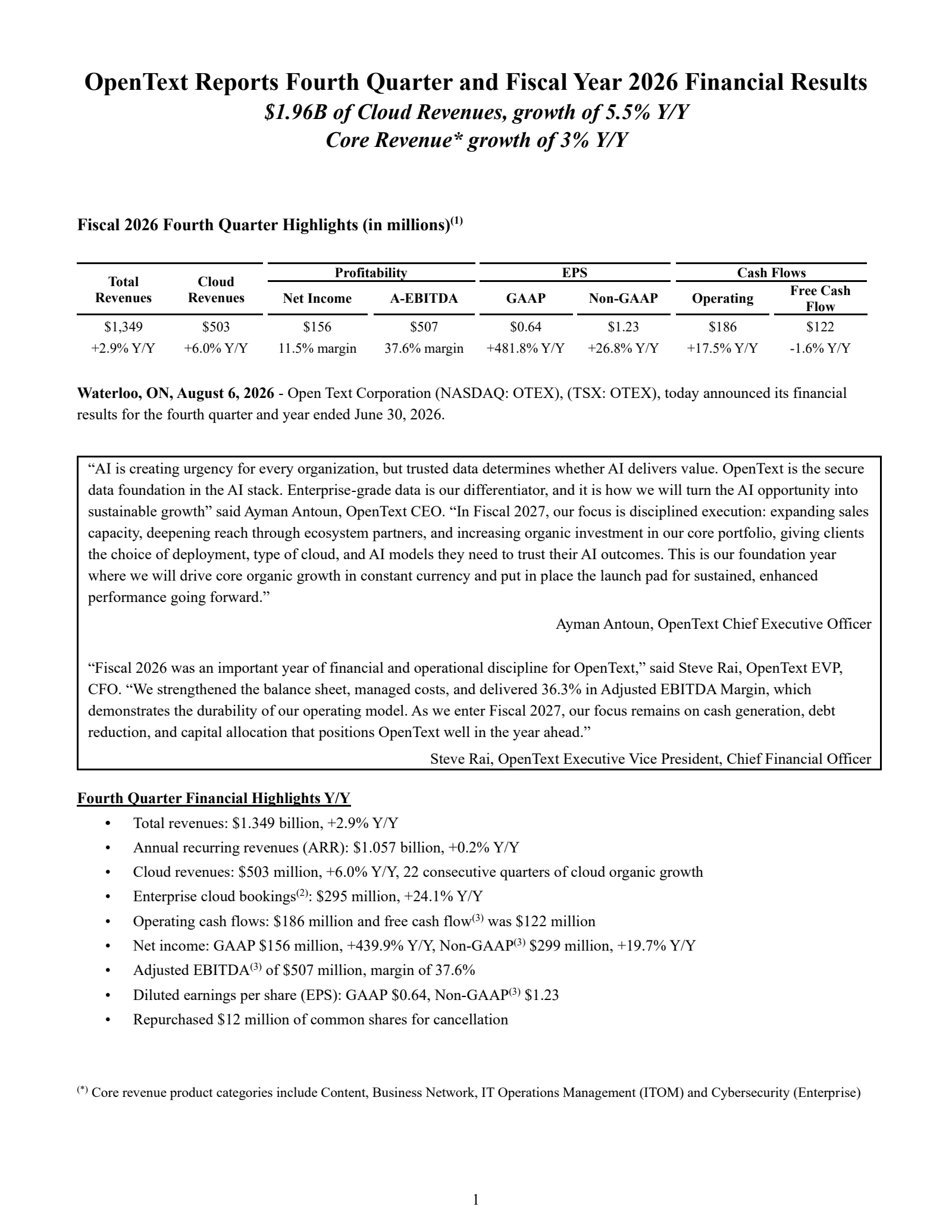 Open Text's Q4 2026 Press Release