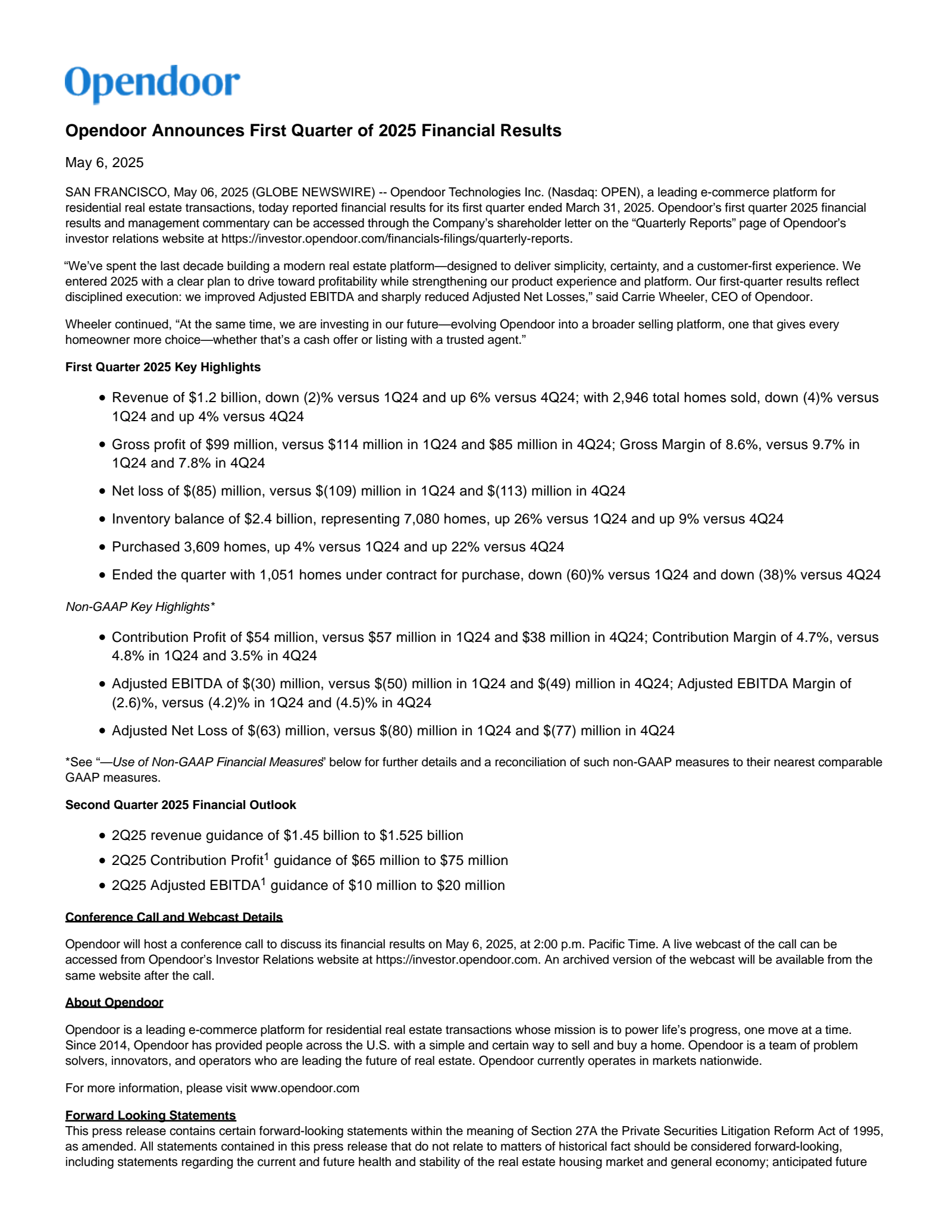 Opendoor Technologies' Q1 2025 Earnings Release