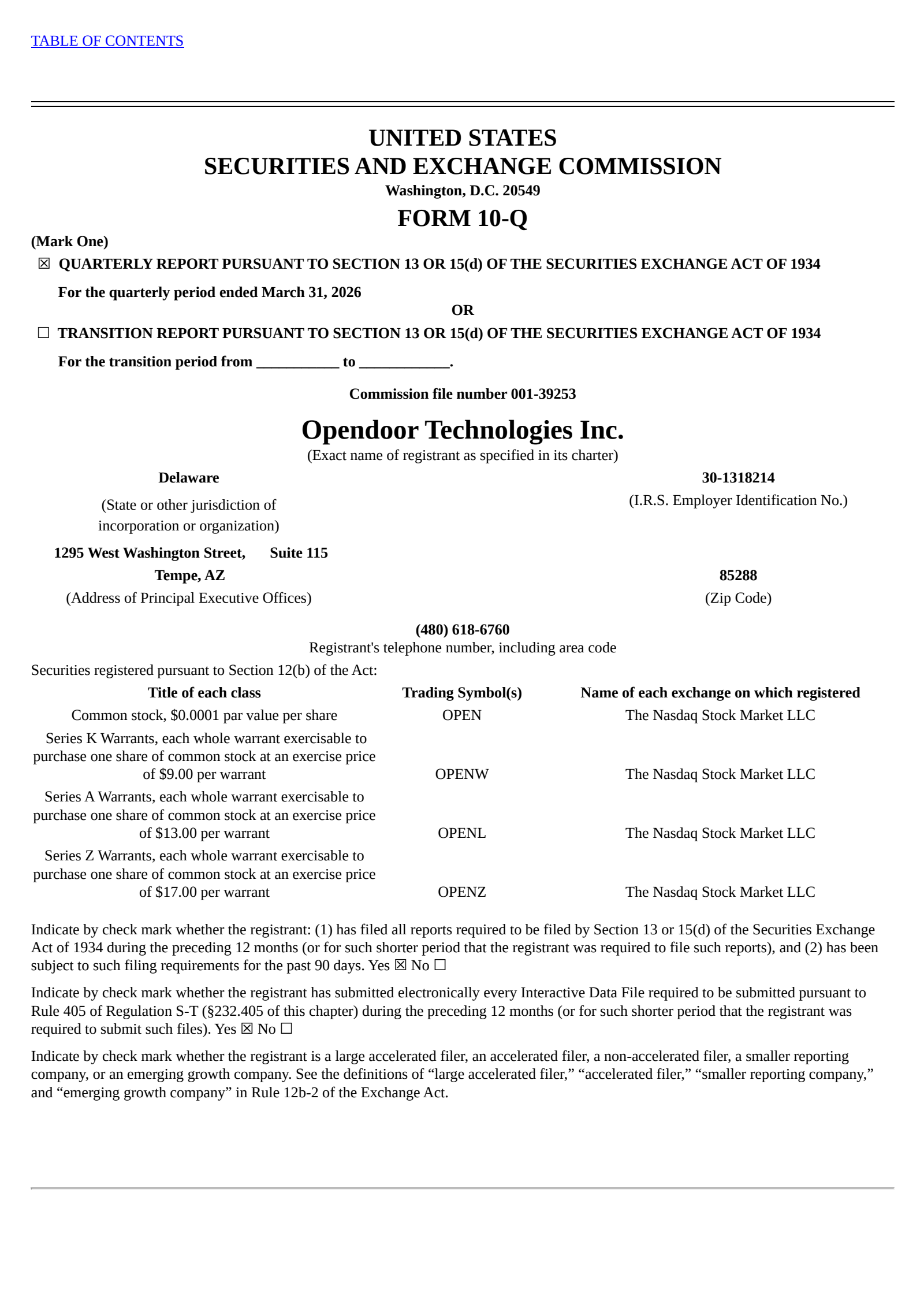 Opendoor Technologies' Q1 2026 Quarterly report