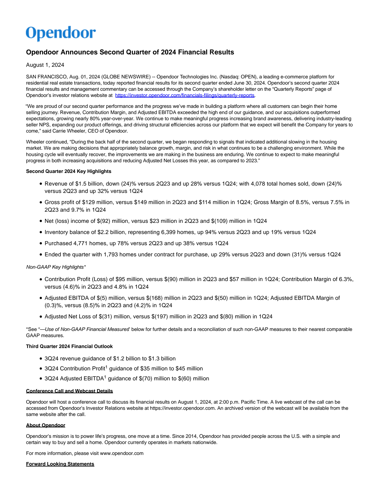 Opendoor Technologies' Q2 2024 Earnings Release