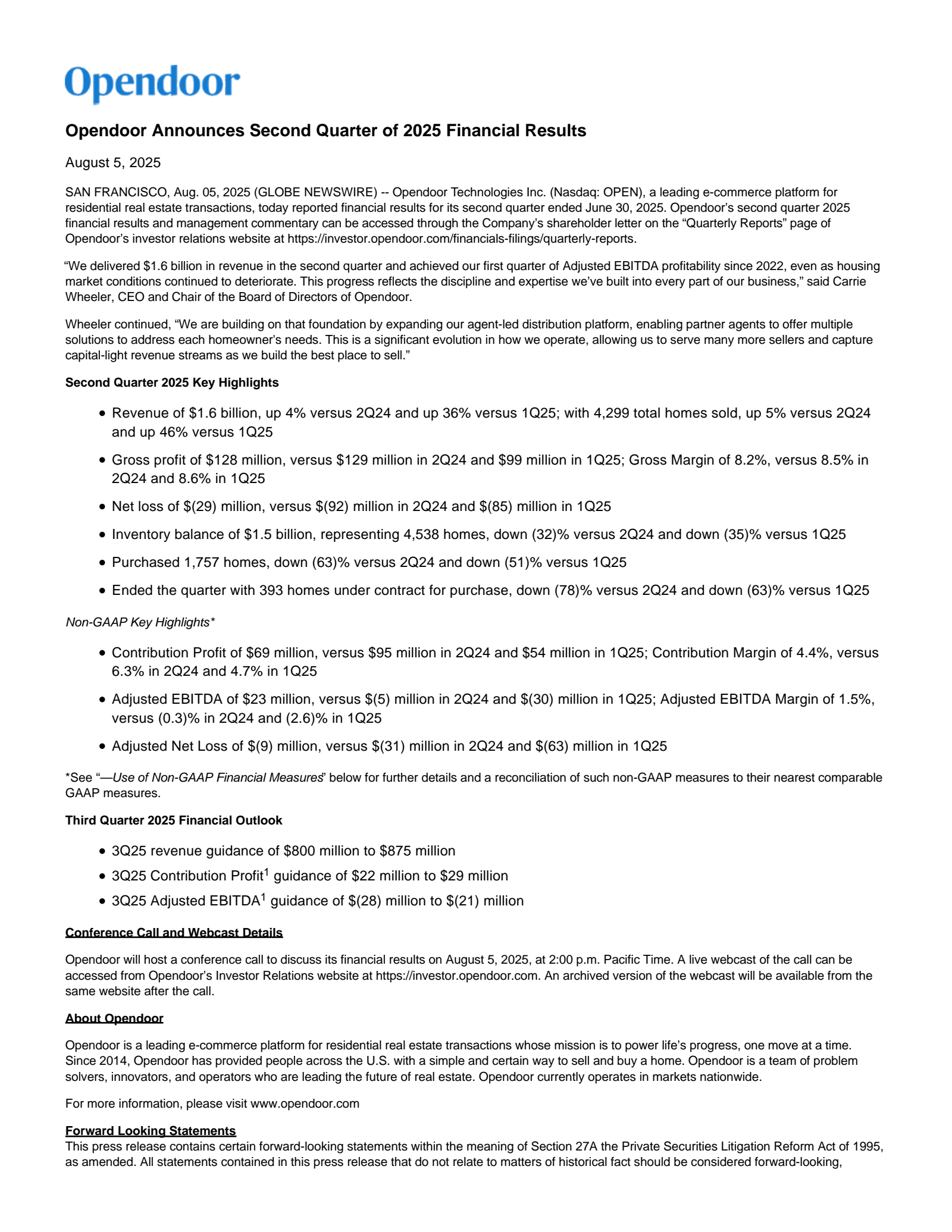 Opendoor Technologies' Q2 2025 Earnings Release