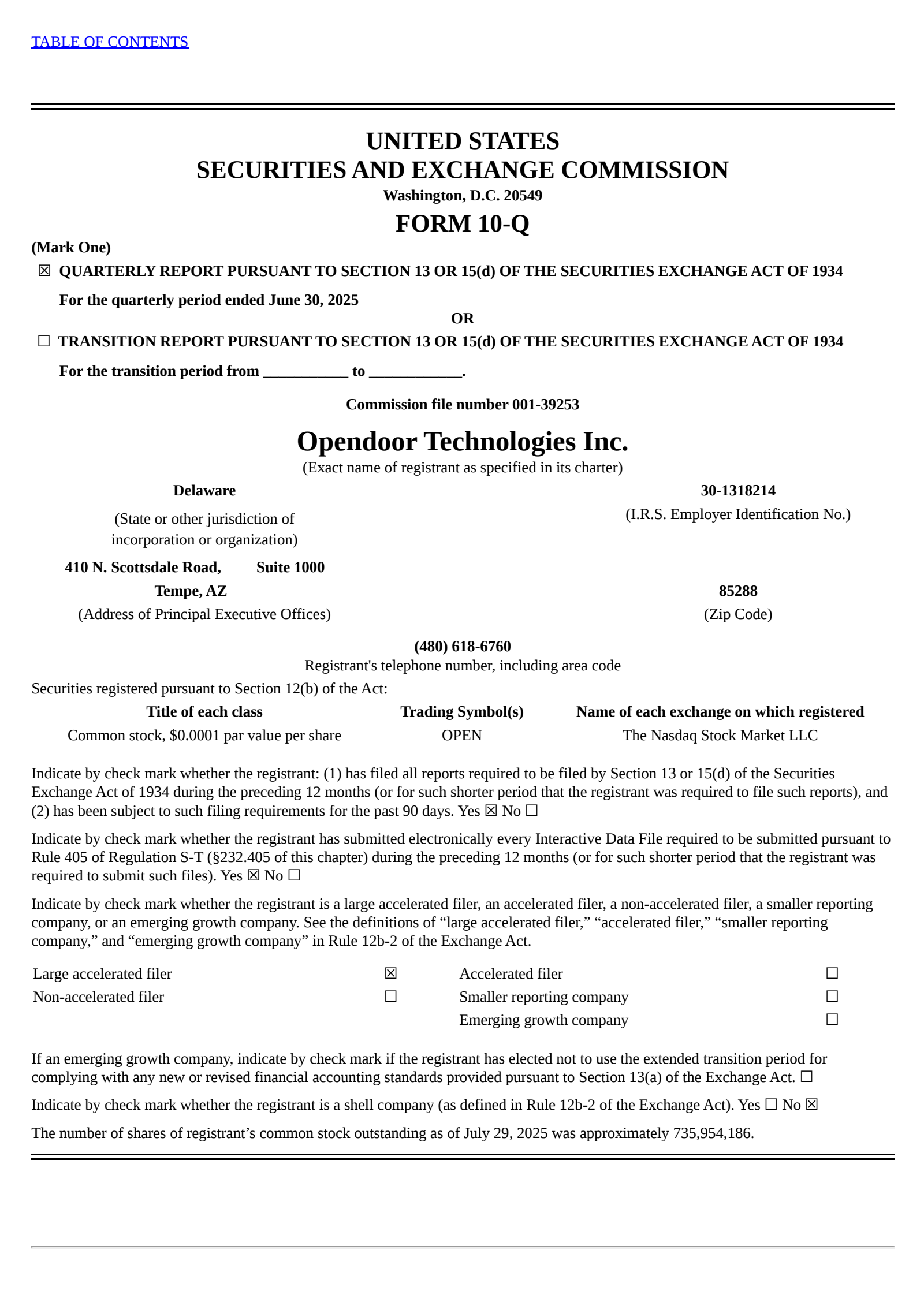 Opendoor Technologies' Q2 2025 Quarterly report
