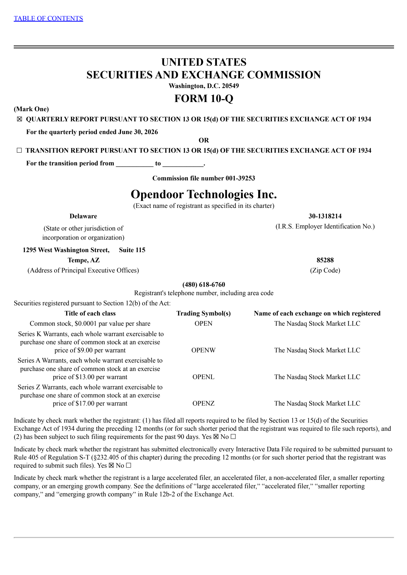 Opendoor Technologies' Q2 2026 Quarterly report