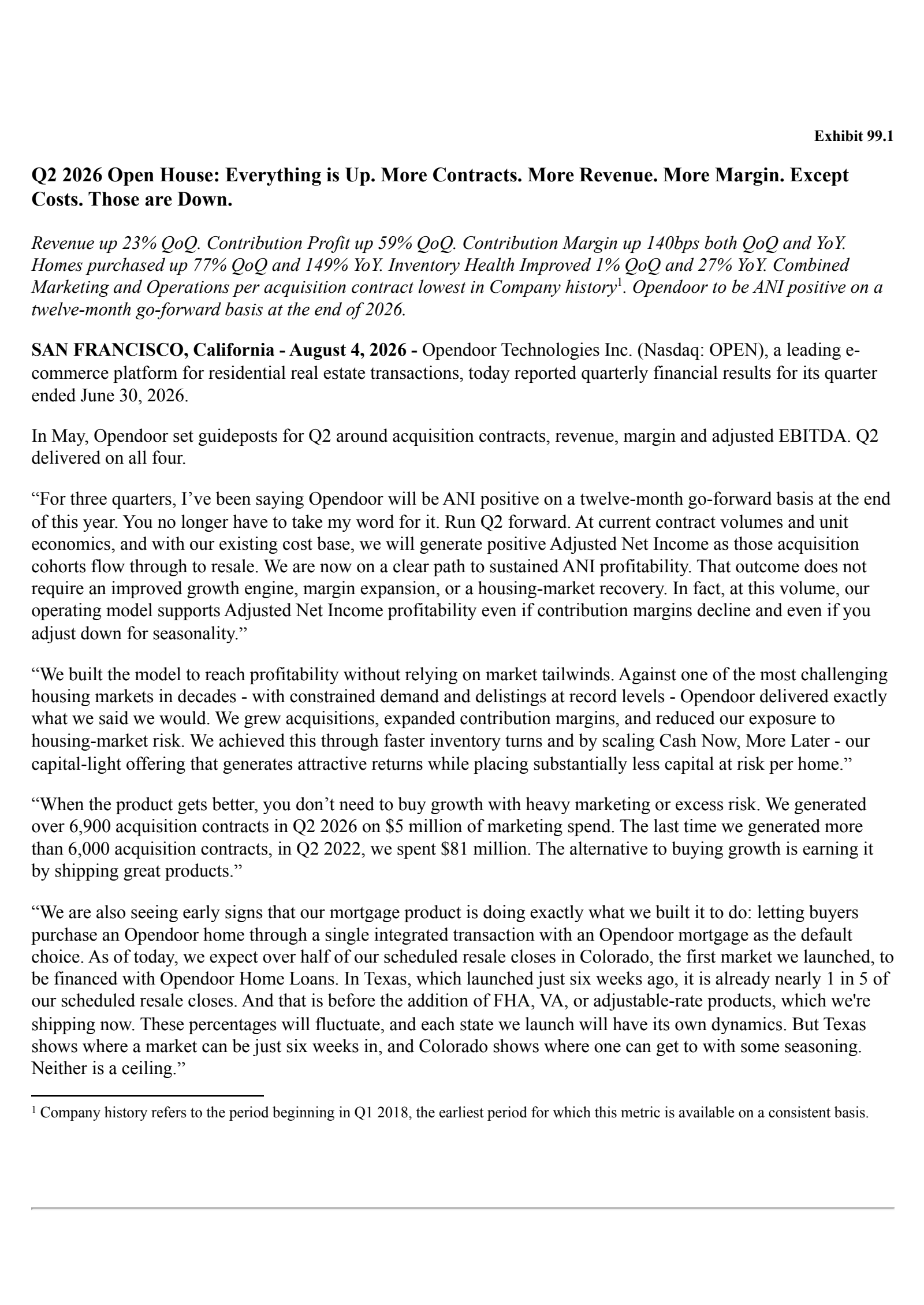Opendoor Technologies' Q2 2026 Press Release