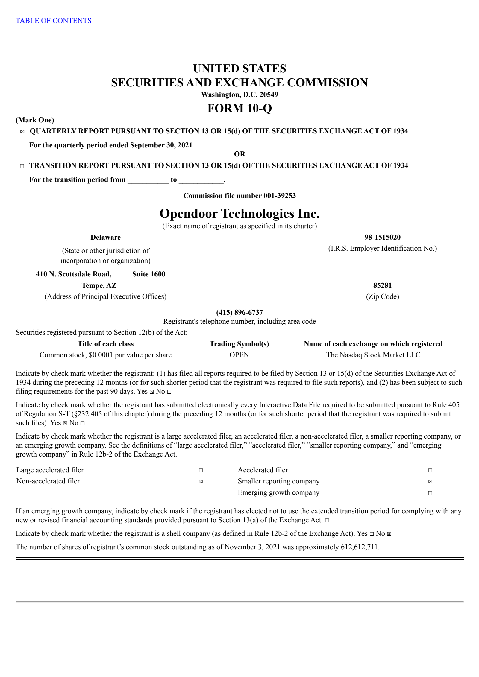Opendoor Technologies' Q3 2021 Quarterly report