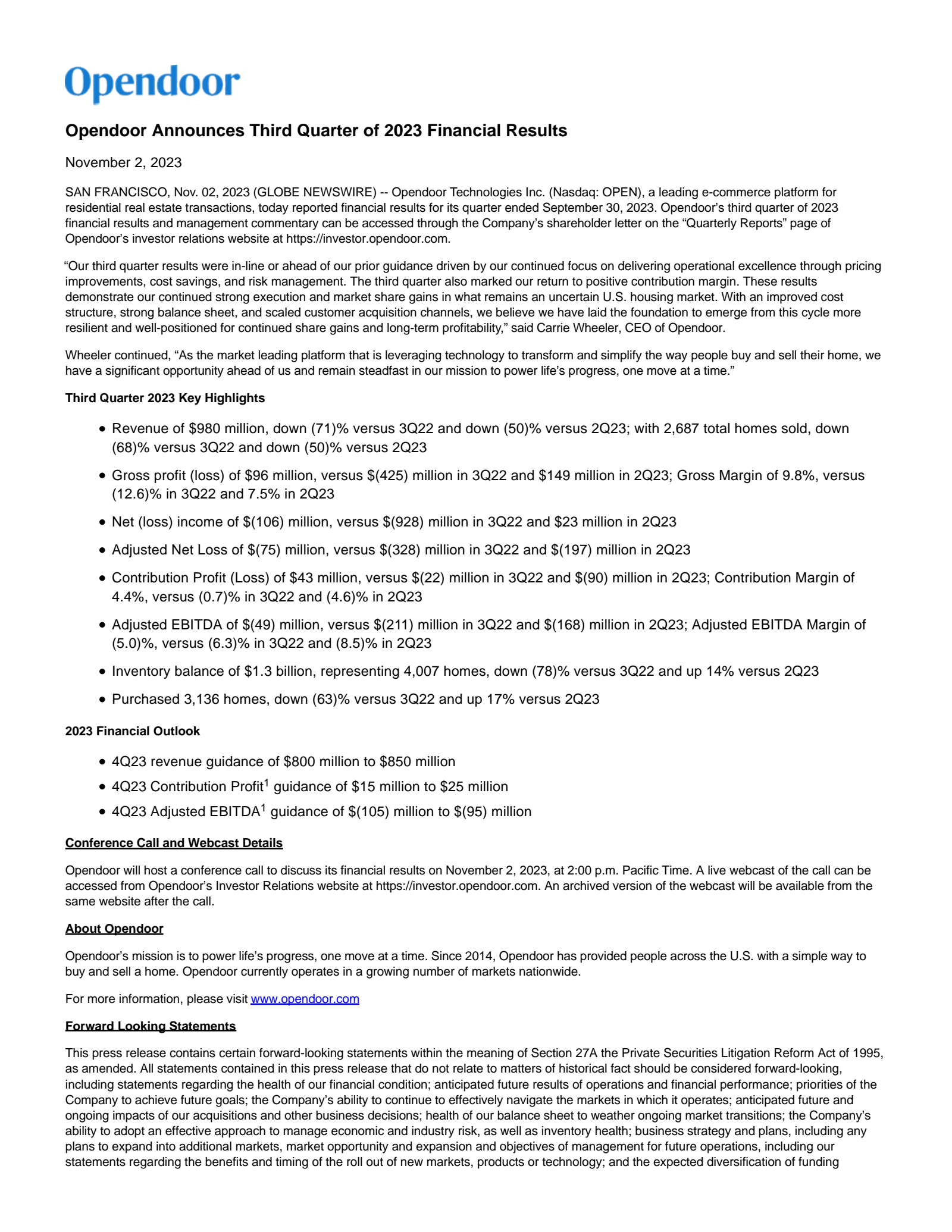 Opendoor Technologies' Q3 2023 Earnings Release