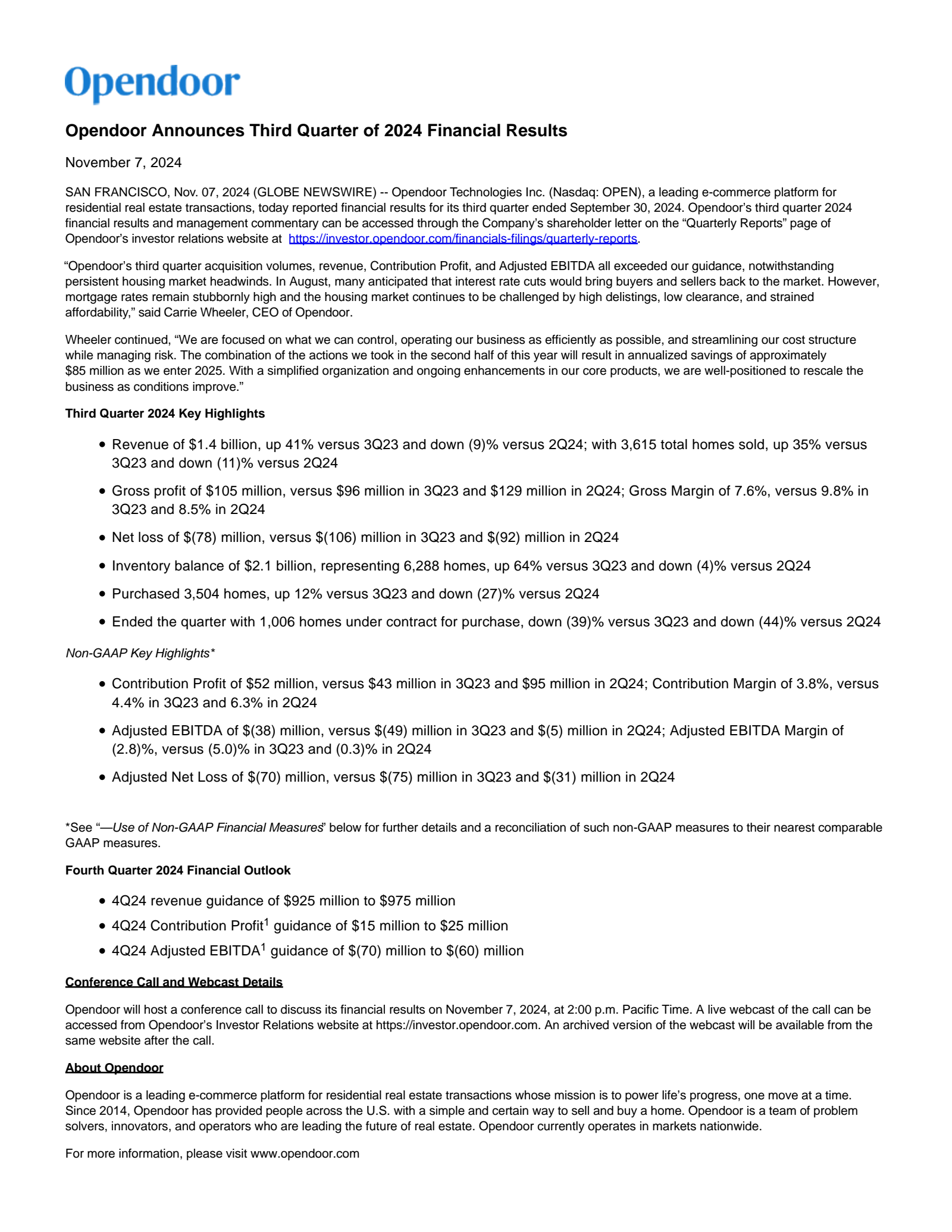 Opendoor Technologies' Q3 2024 Earnings Release