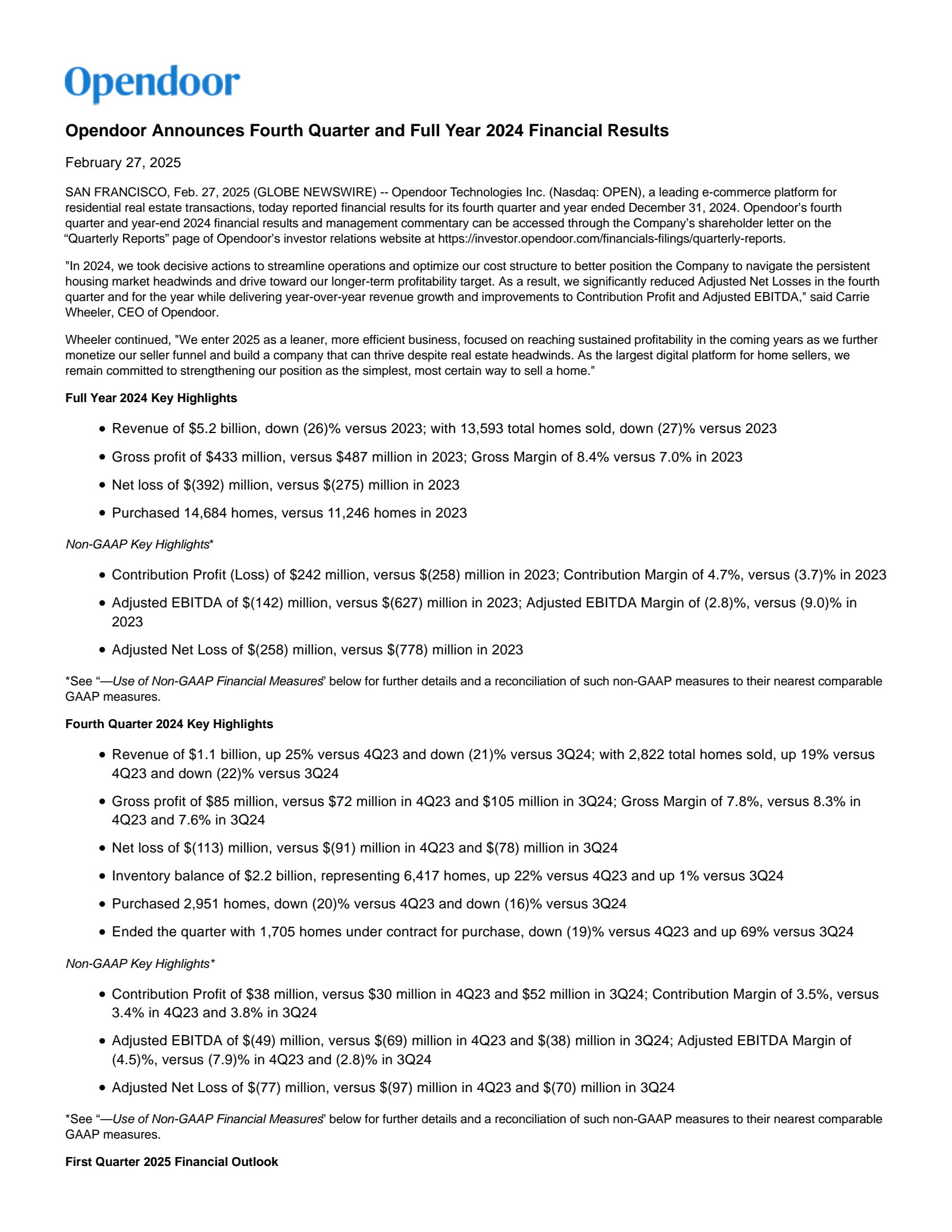 Opendoor Technologies' Q4 2024 Press Release