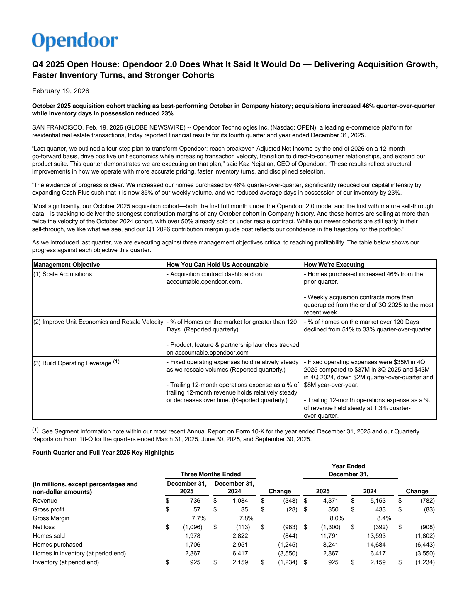 Opendoor Technologies' Q4 2025 Press Release