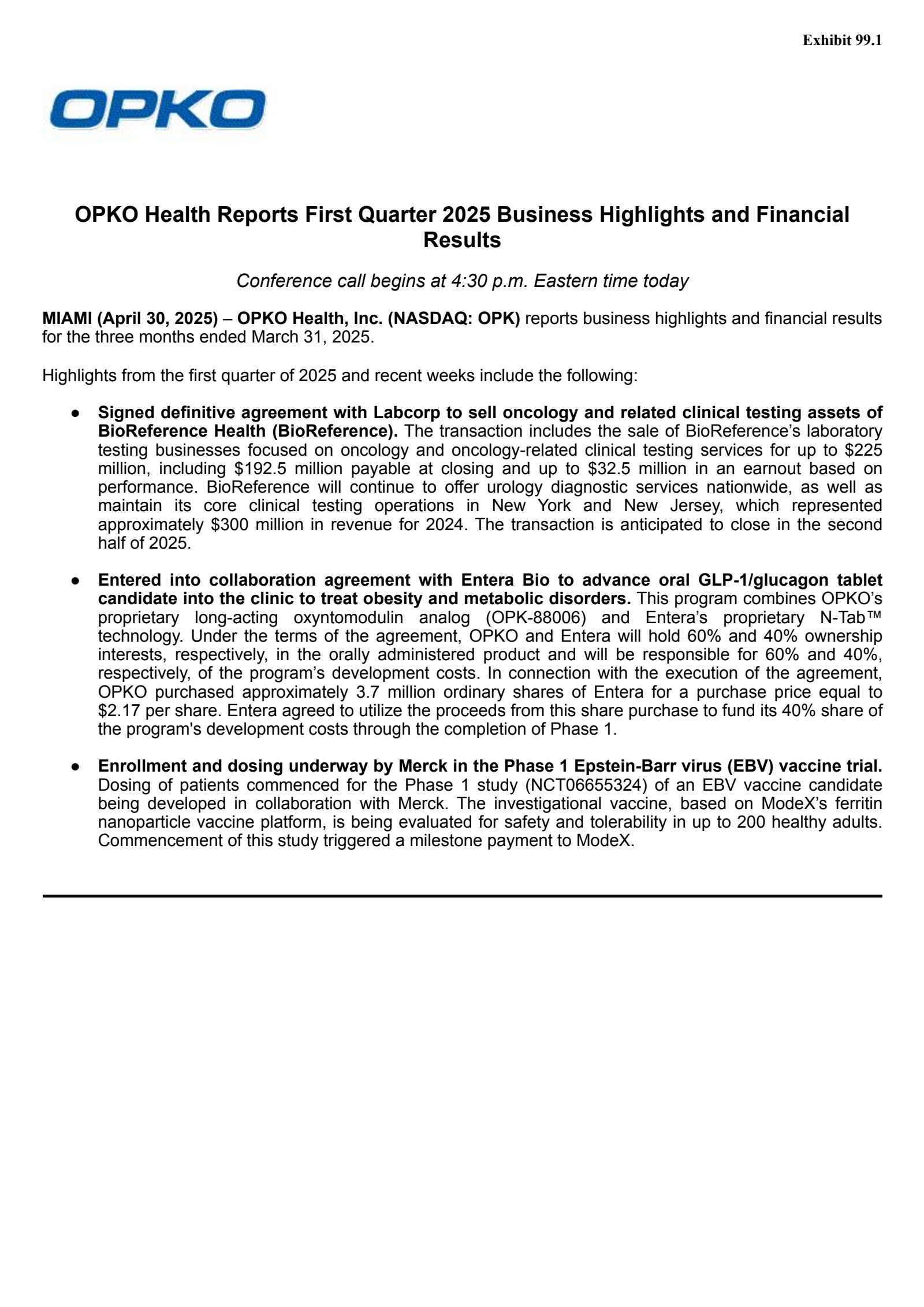 OPKO Health's Q1 2025 Press Release