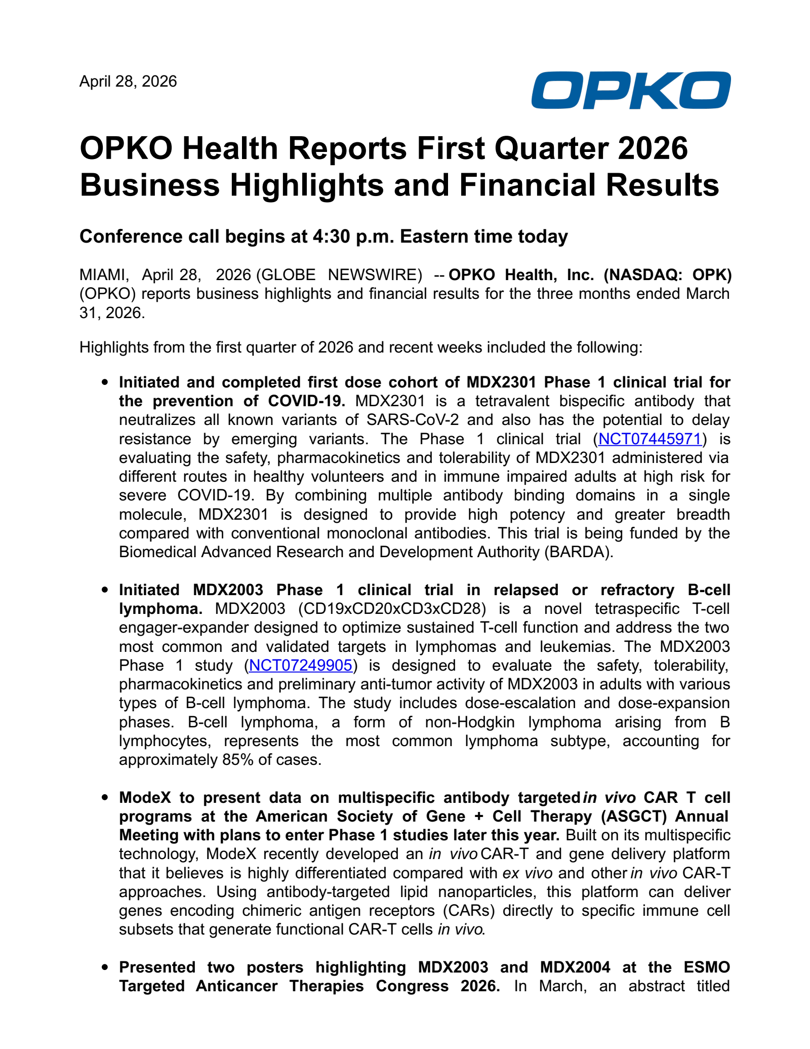 OPKO Health's Q1 2026 Press Release