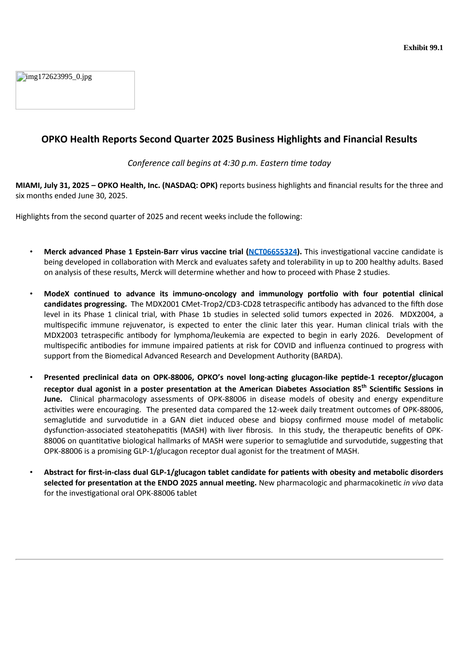 OPKO Health's Q2 2025 Press Release