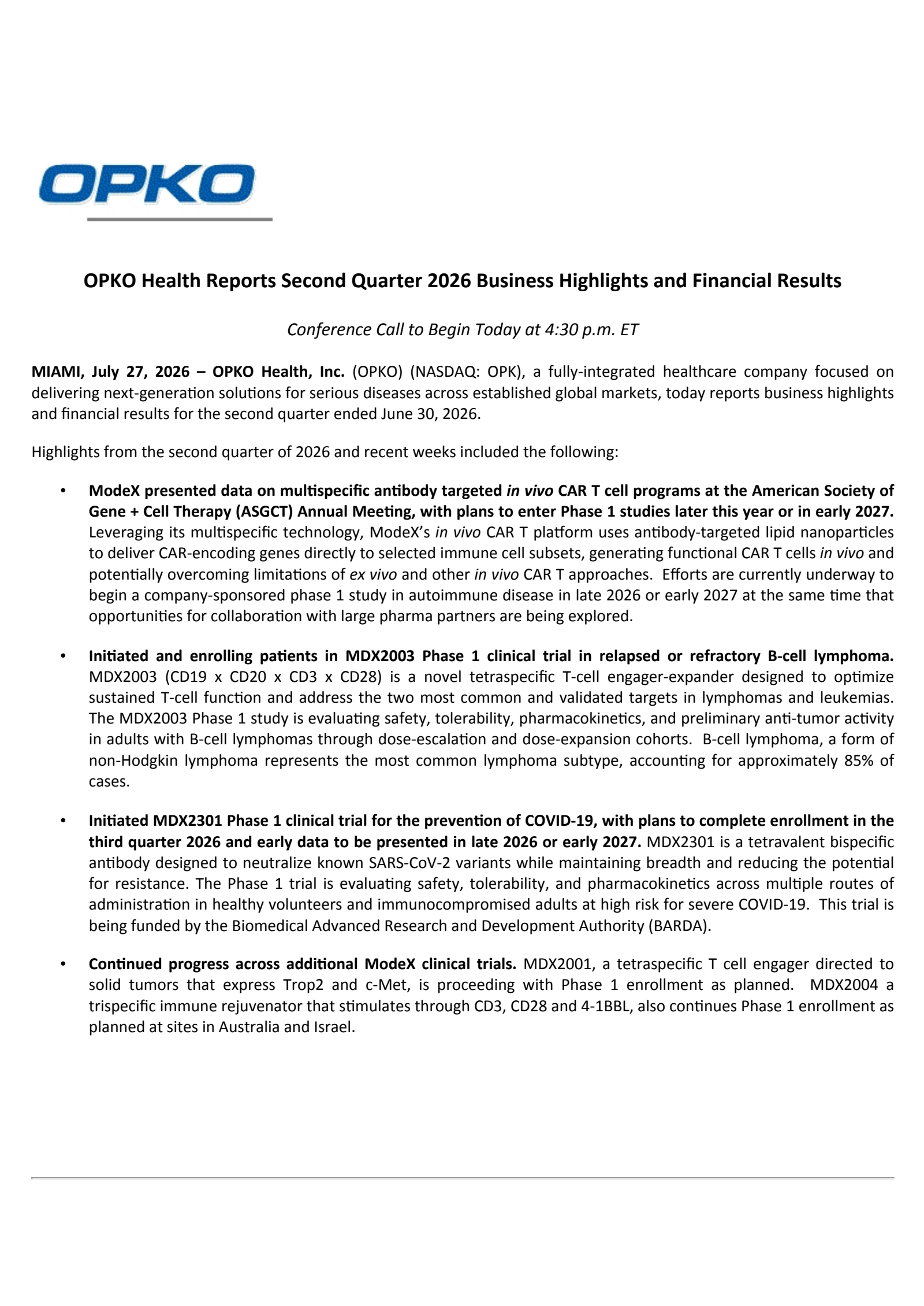 OPKO Health's Q2 2026 Press Release