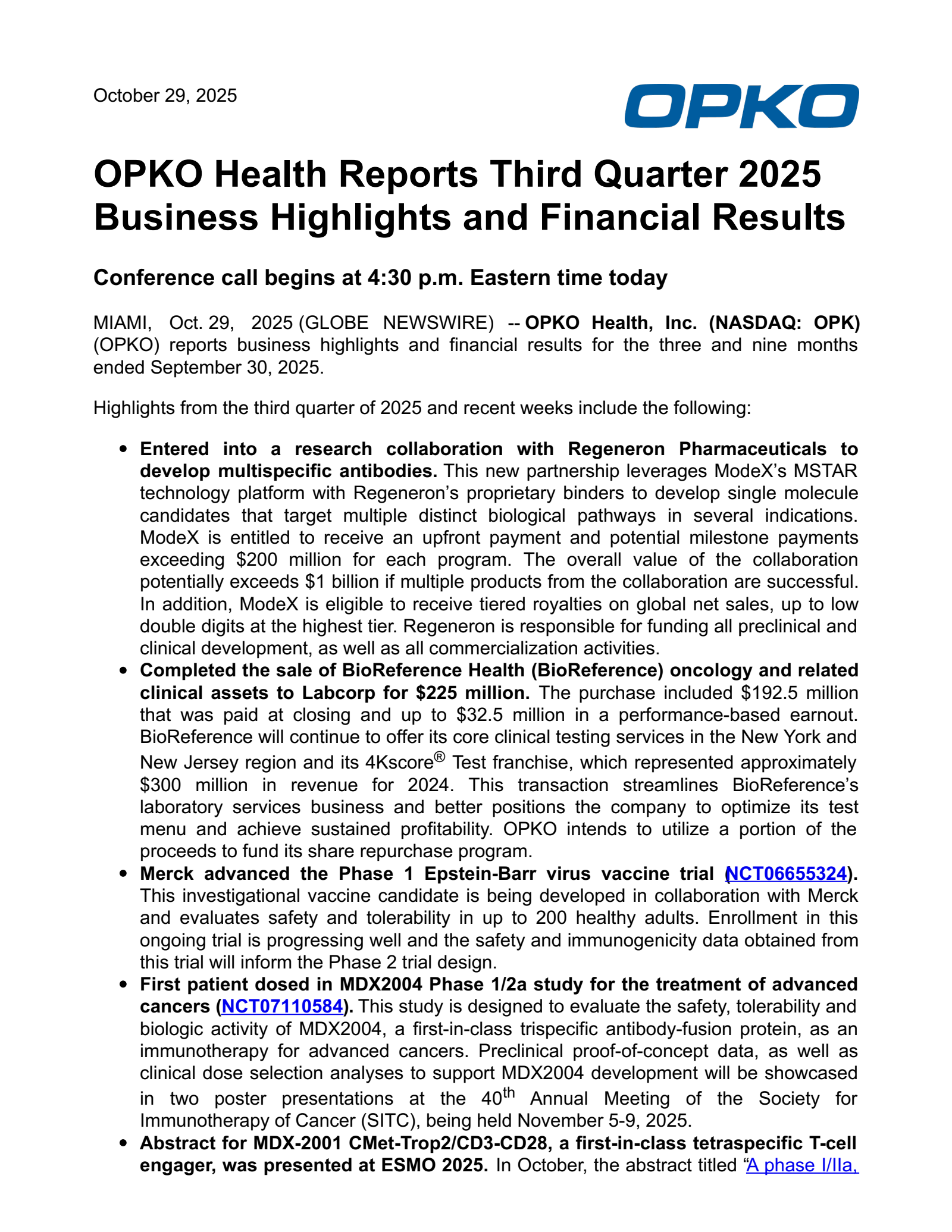 OPKO Health's Q3 2025 Earnings Release