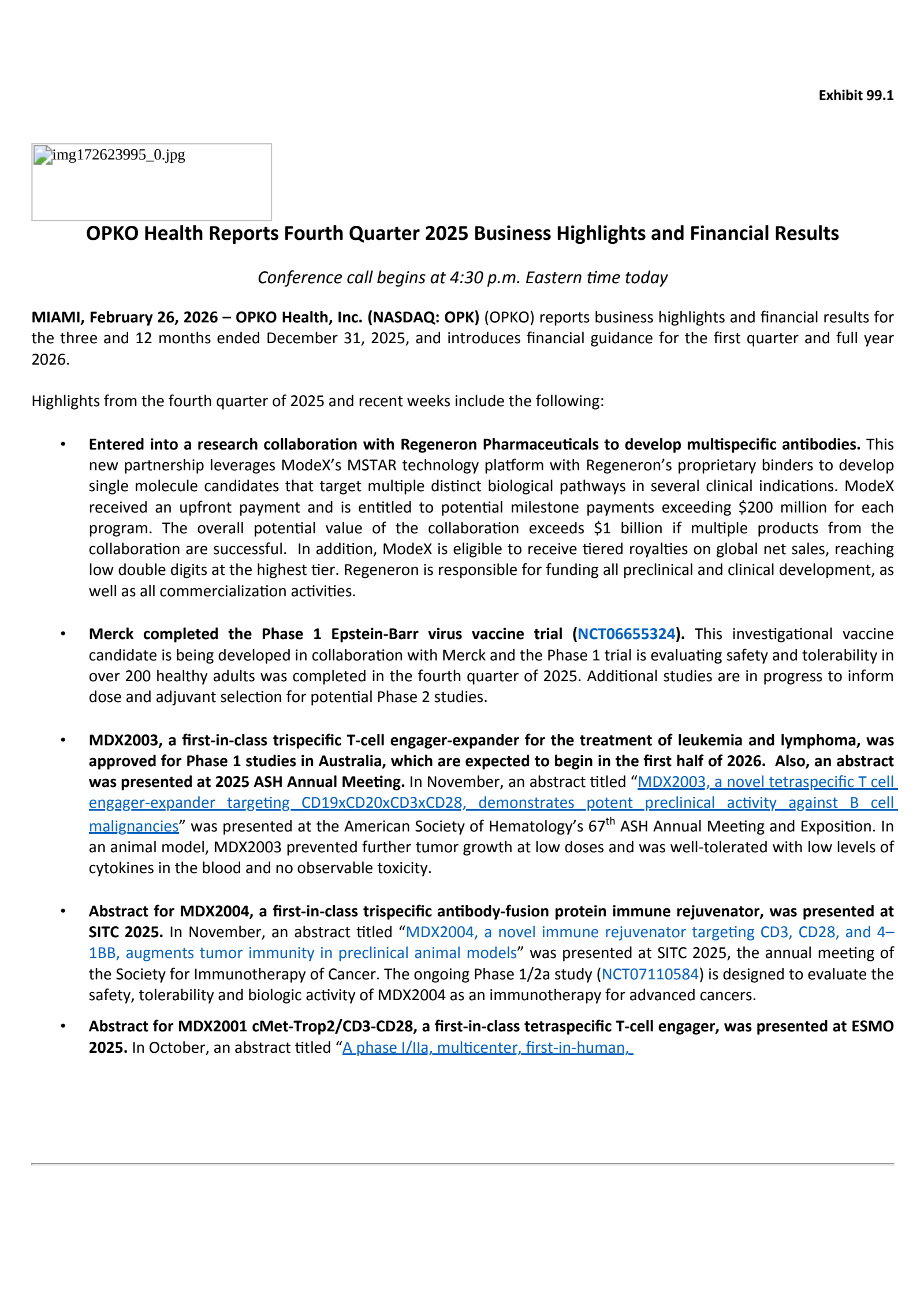OPKO Health's Q4 2025 Press Release