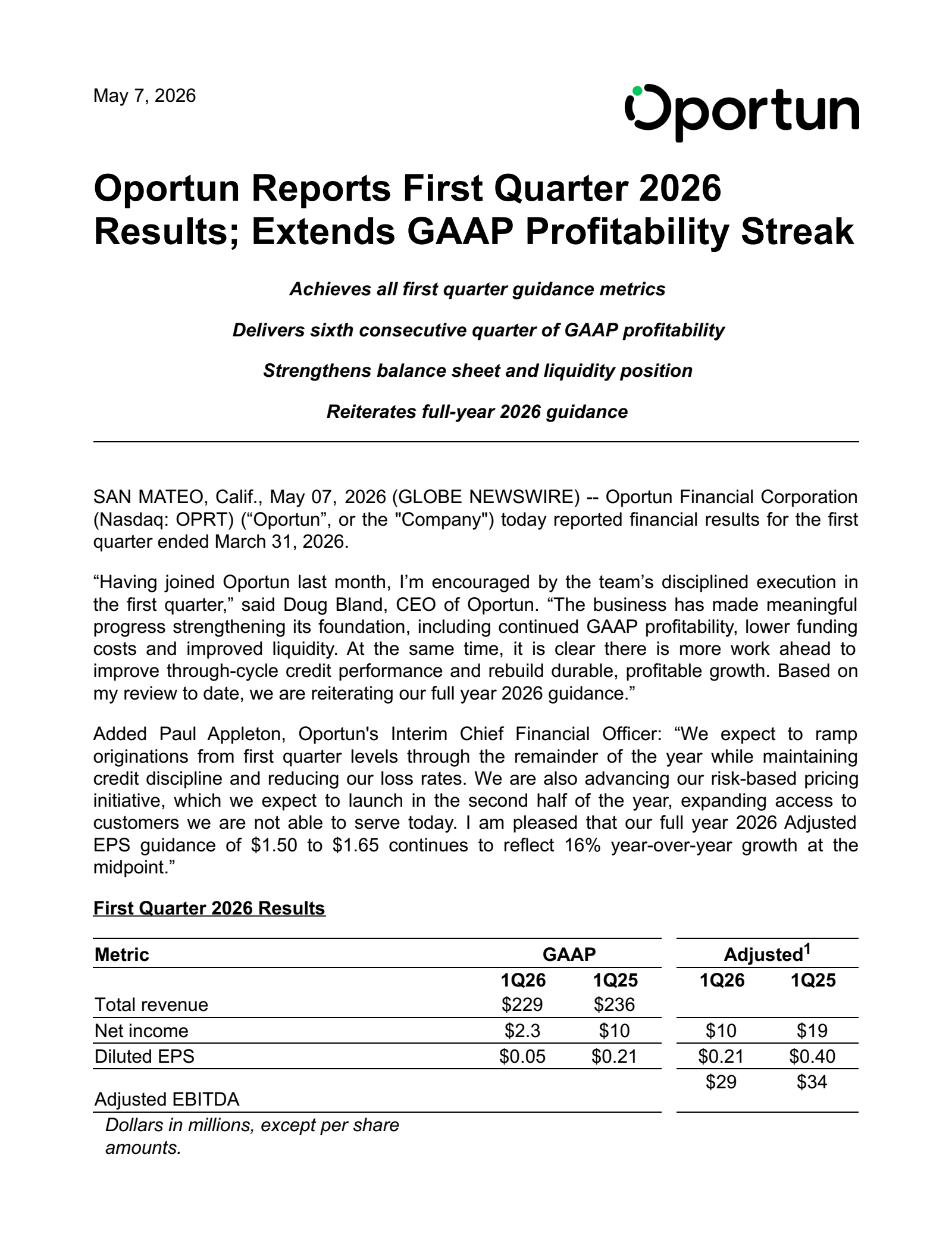 Oportun Financial's Q1 2026 Press Release