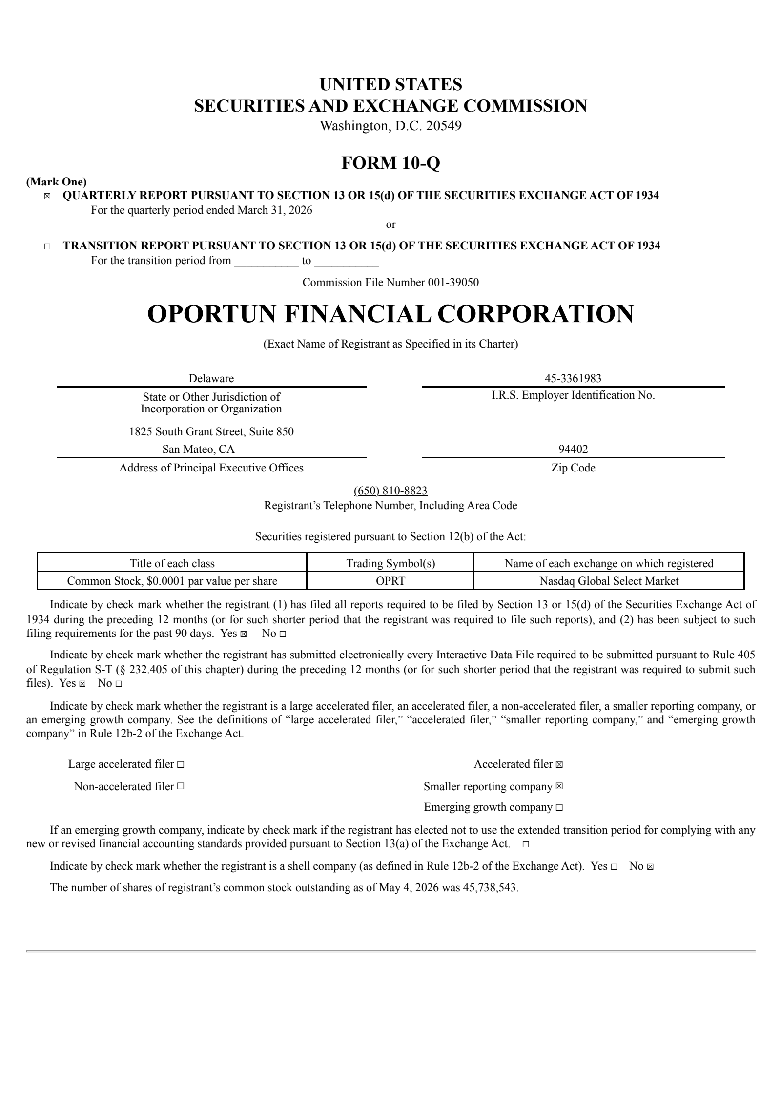 Oportun Financial's Q1 2026 Quarterly report