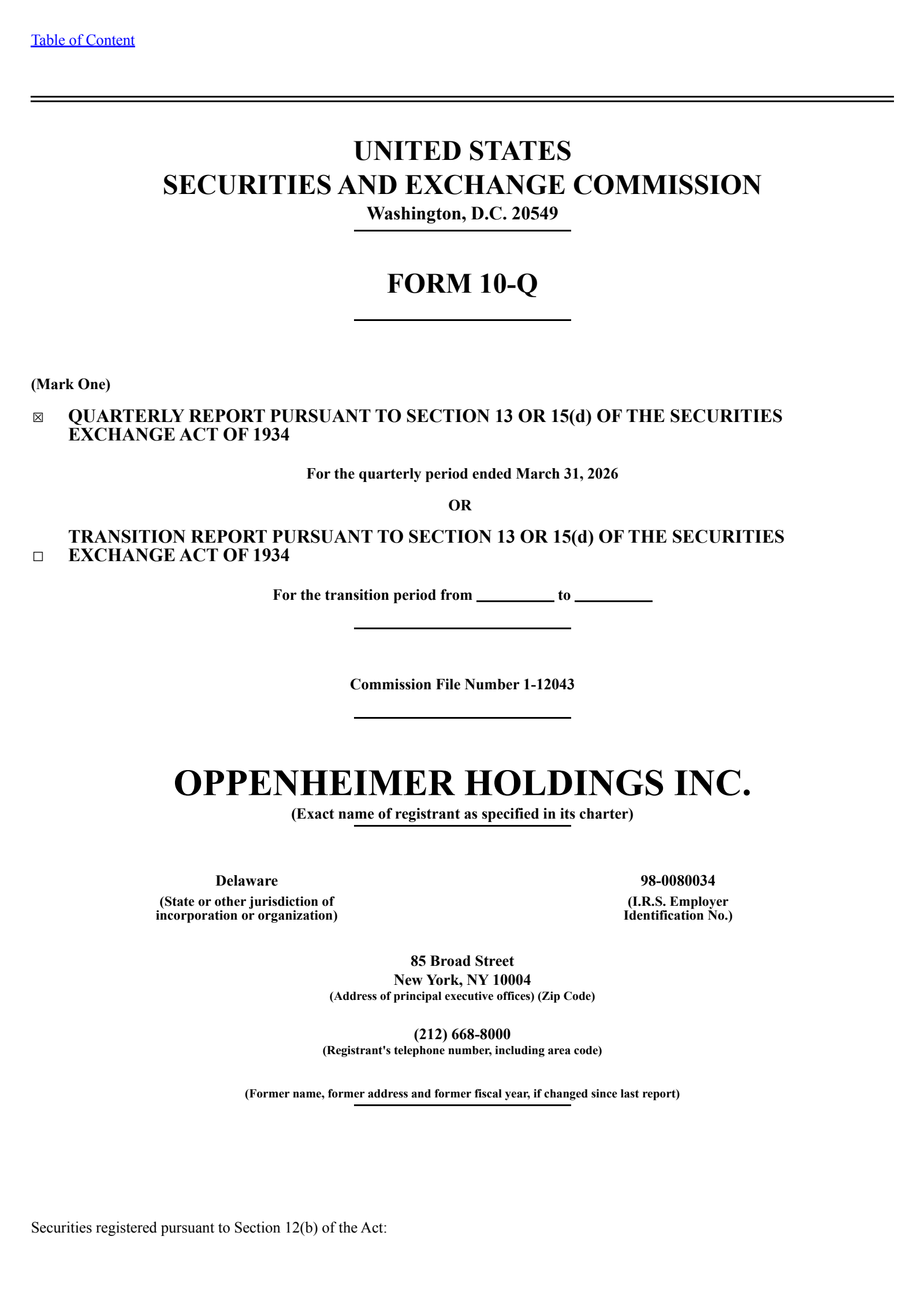 Oppenheimer's Q1 2026 Quarterly report