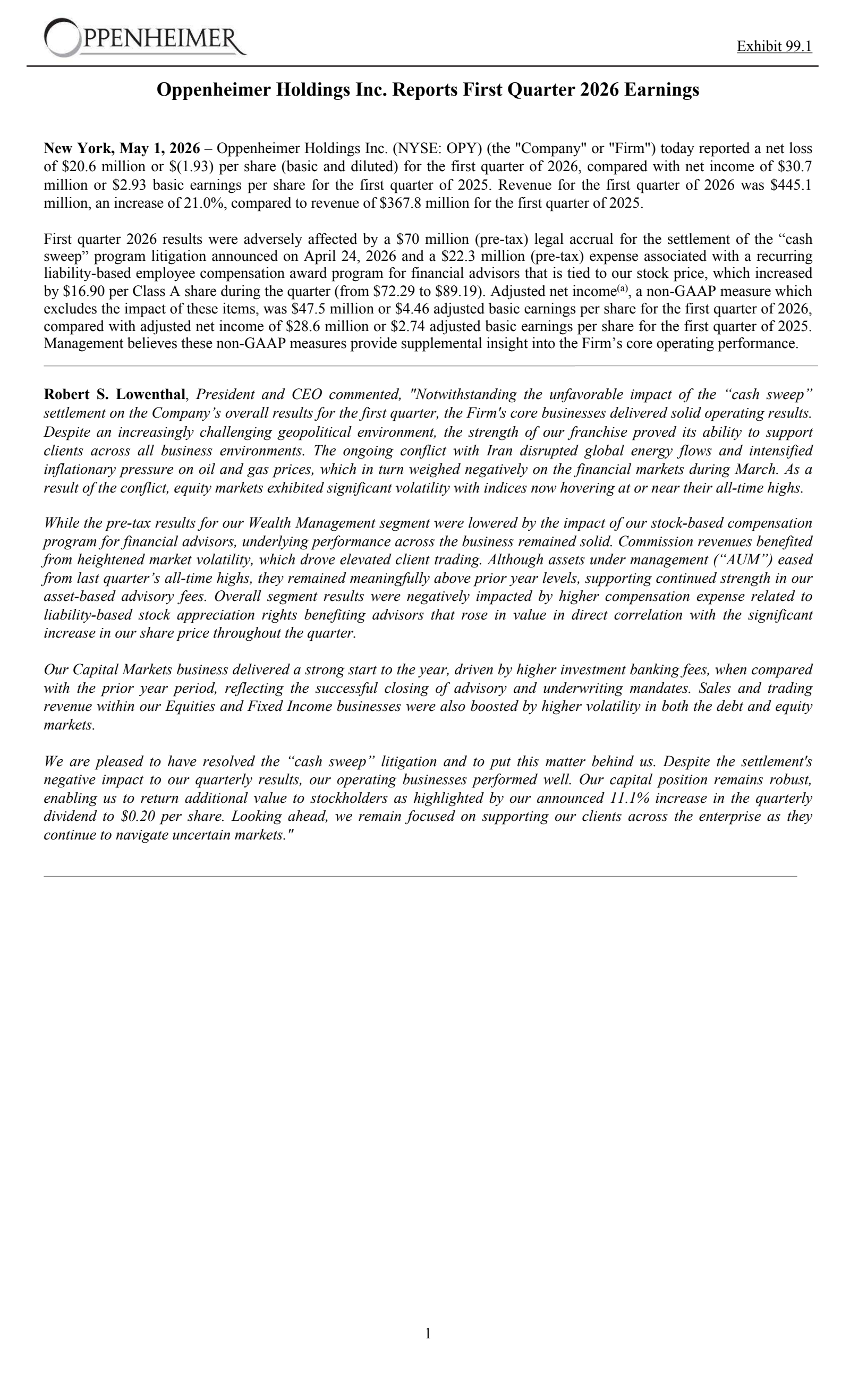 Oppenheimer's Q1 2026 Press Release