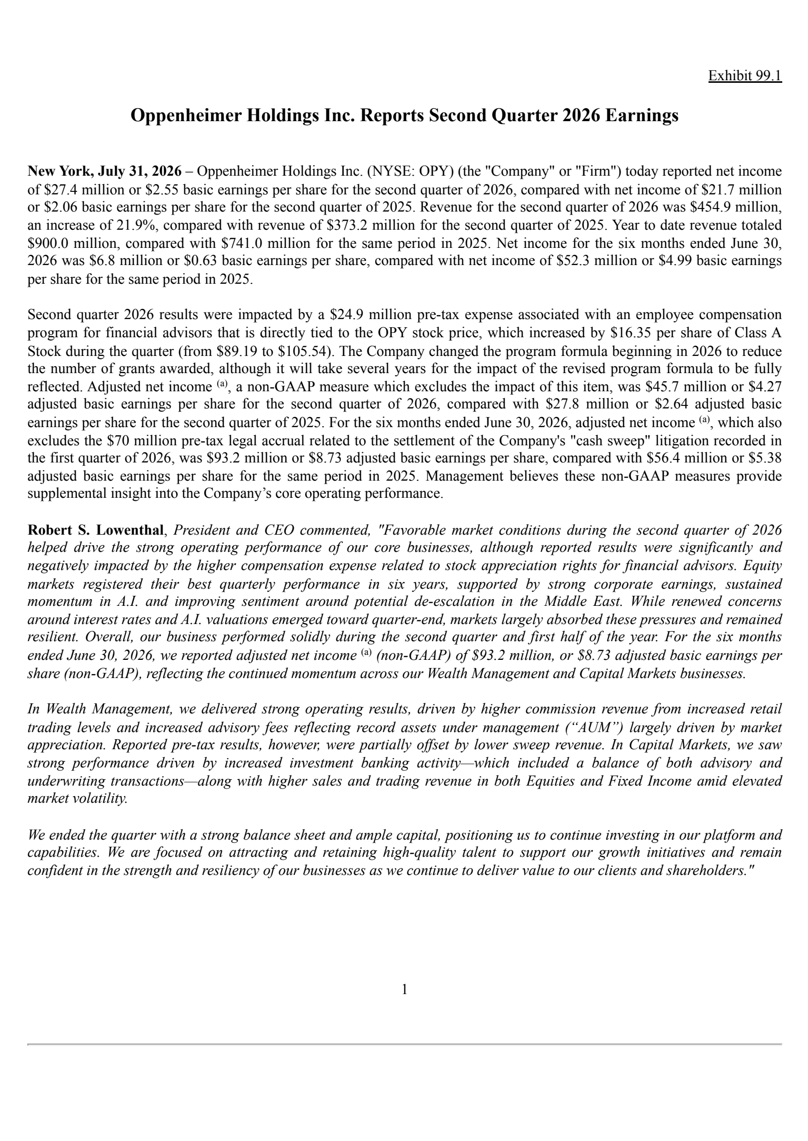 Oppenheimer's Q2 2026 Press Release