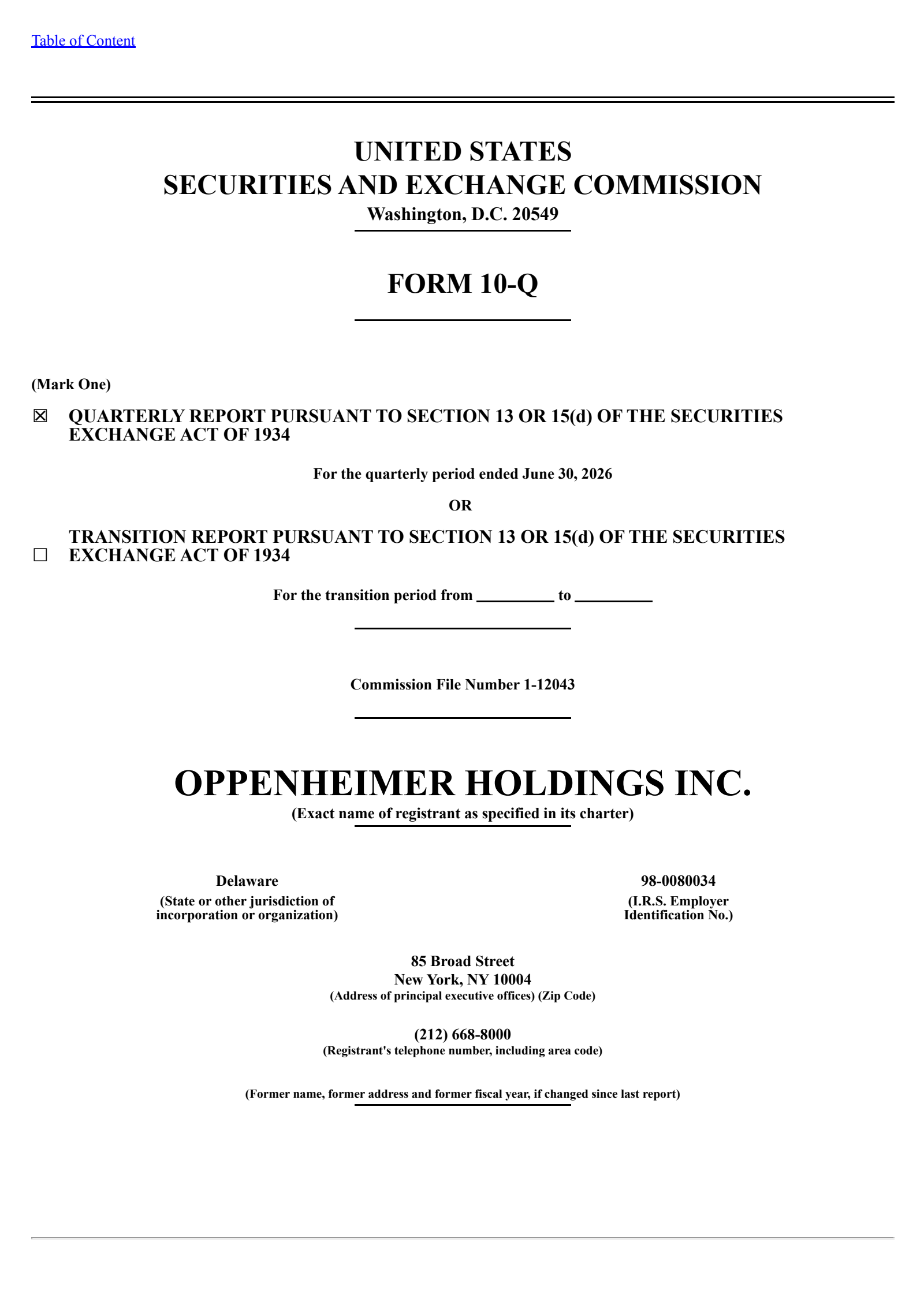 Oppenheimer's Q2 2026 Quarterly report