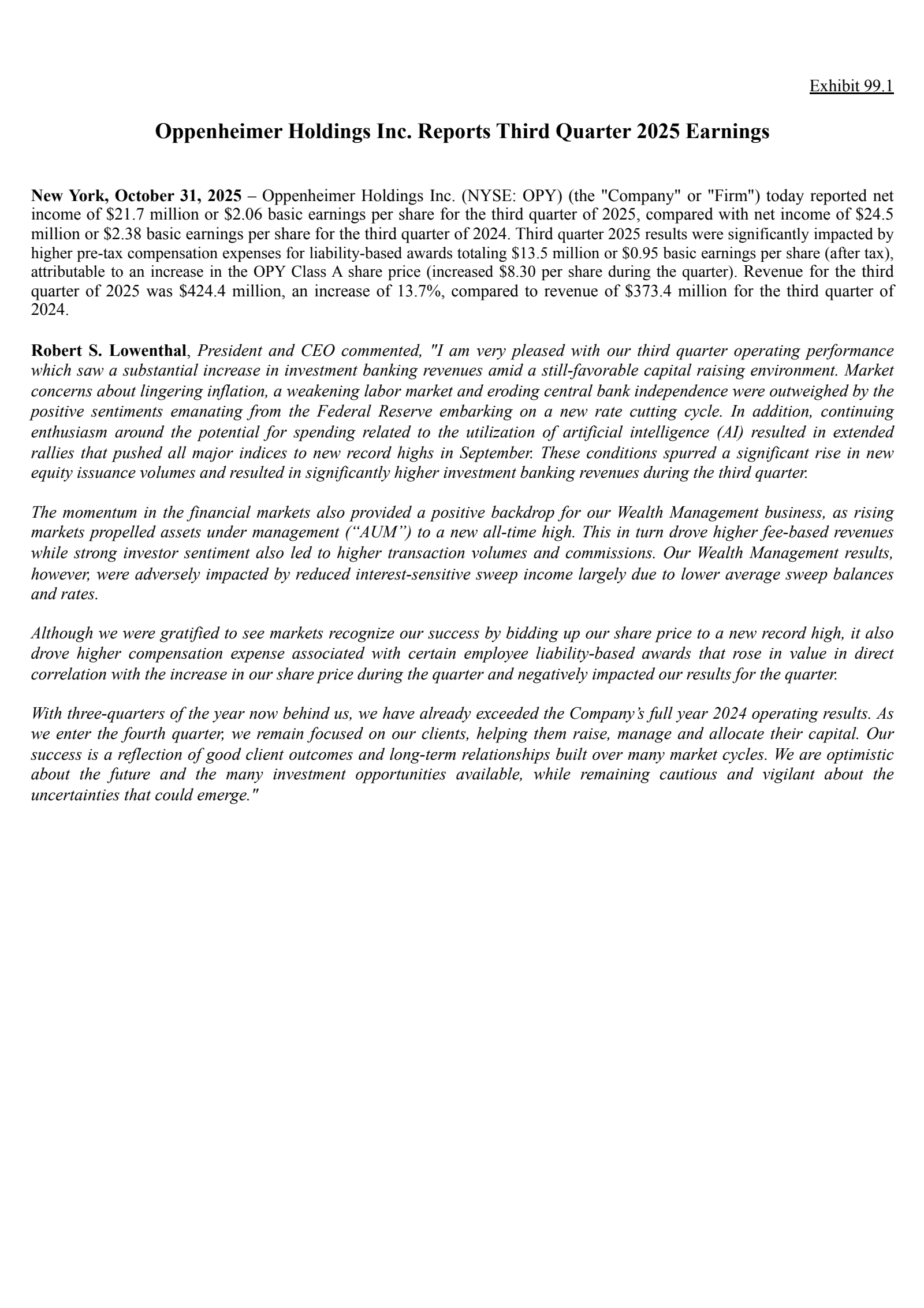 Oppenheimer's Q3 2025 Earnings Release