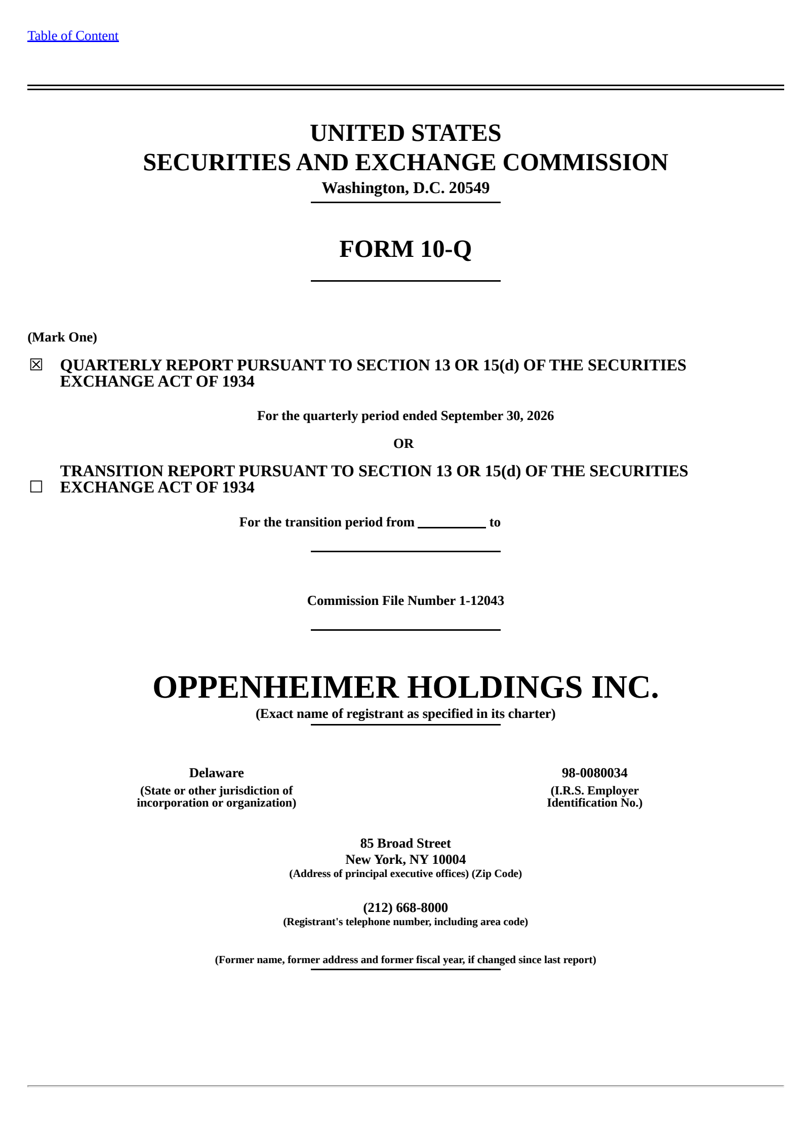 Oppenheimer's Q3 2026 Quarterly report