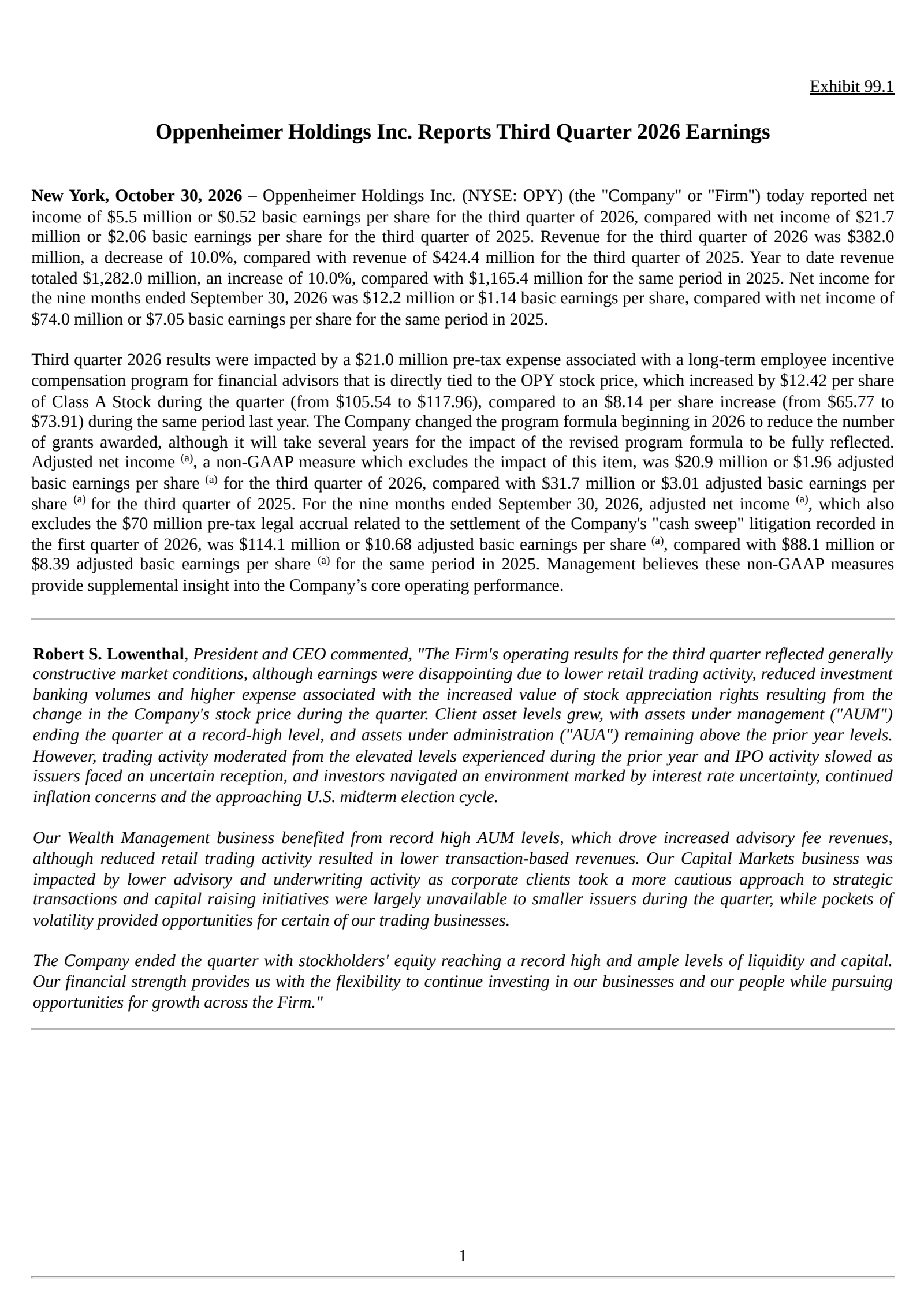Oppenheimer's Q3 2026 Press Release