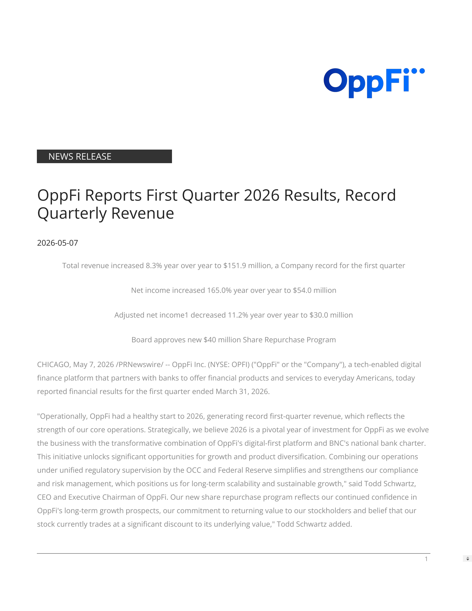 OppFi's Q1 2026 Press Release