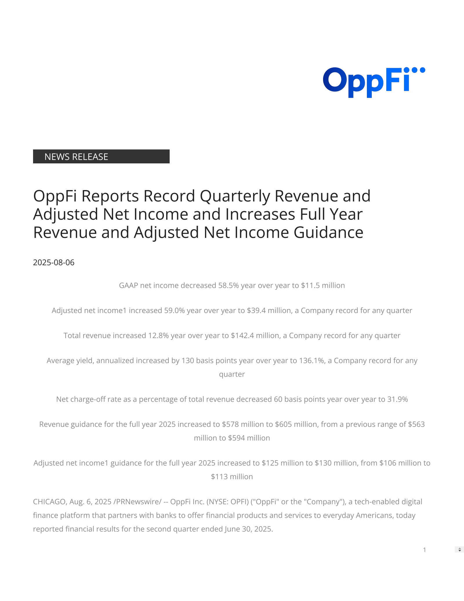 OppFi's Q2 2025 Press Release