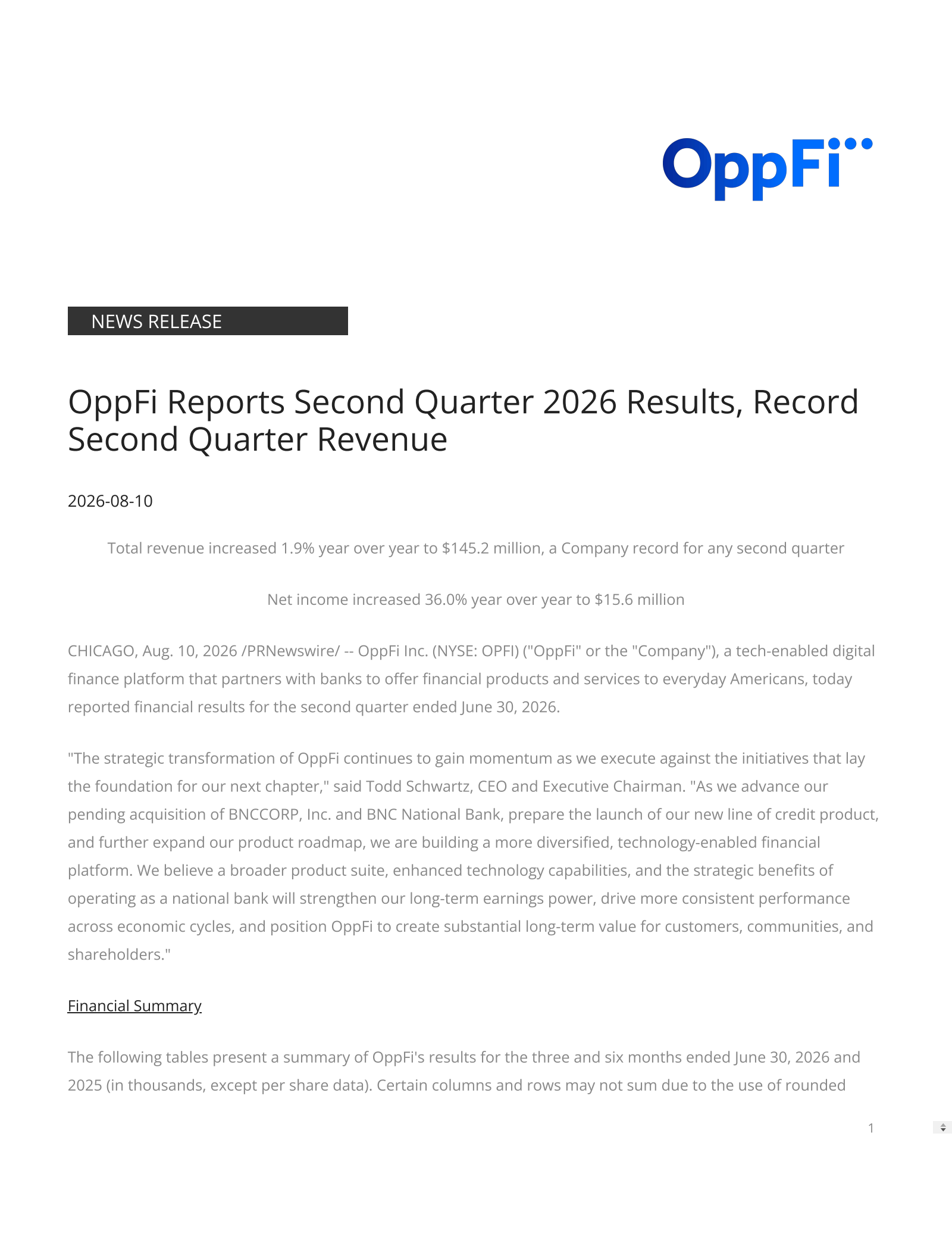 OppFi's Q2 2026 Press Release