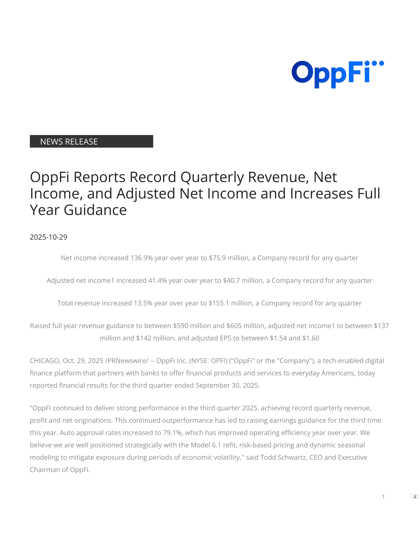 OppFi's Q3 2025 Earnings Release