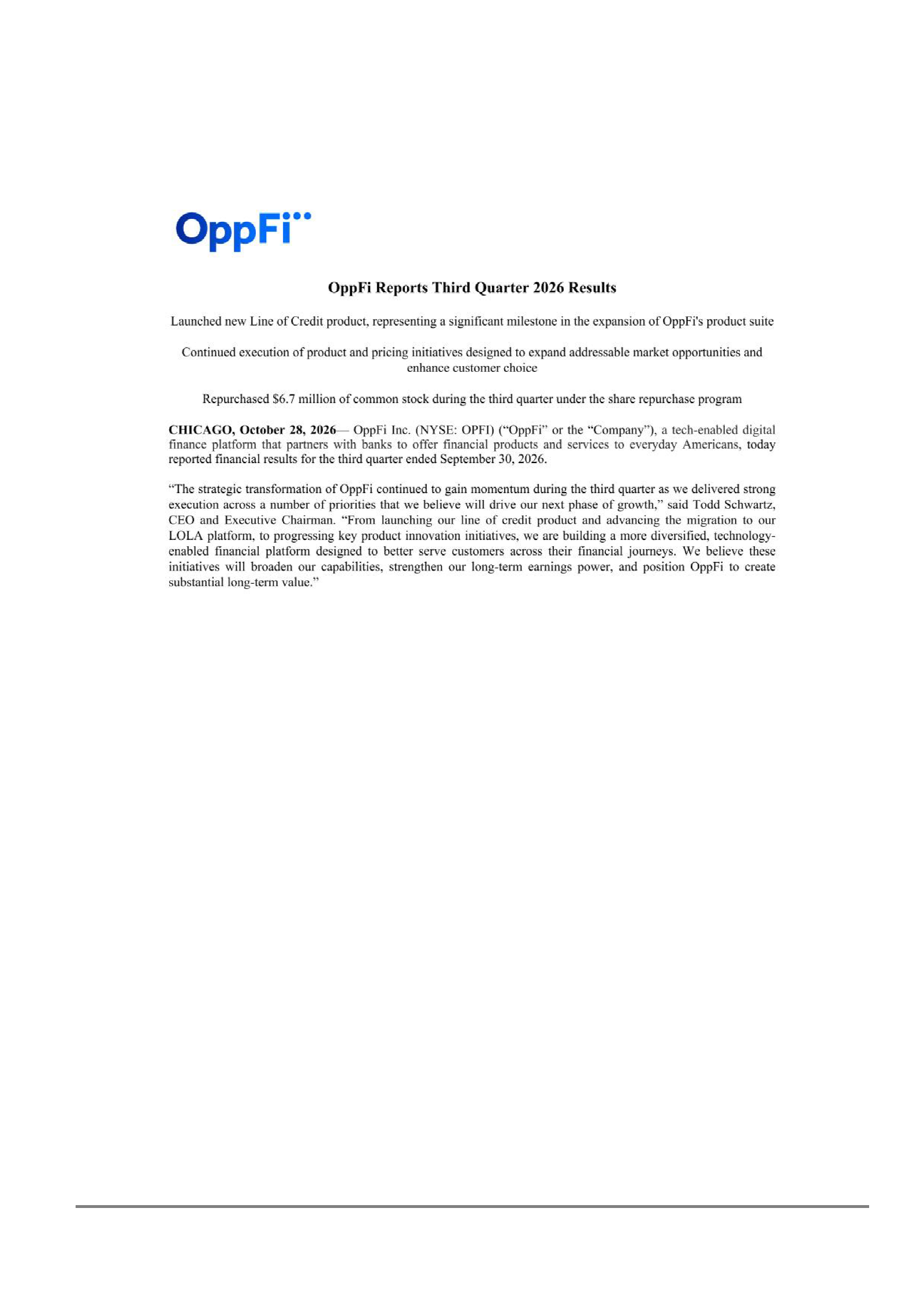 OppFi's Q3 2026 Press Release
