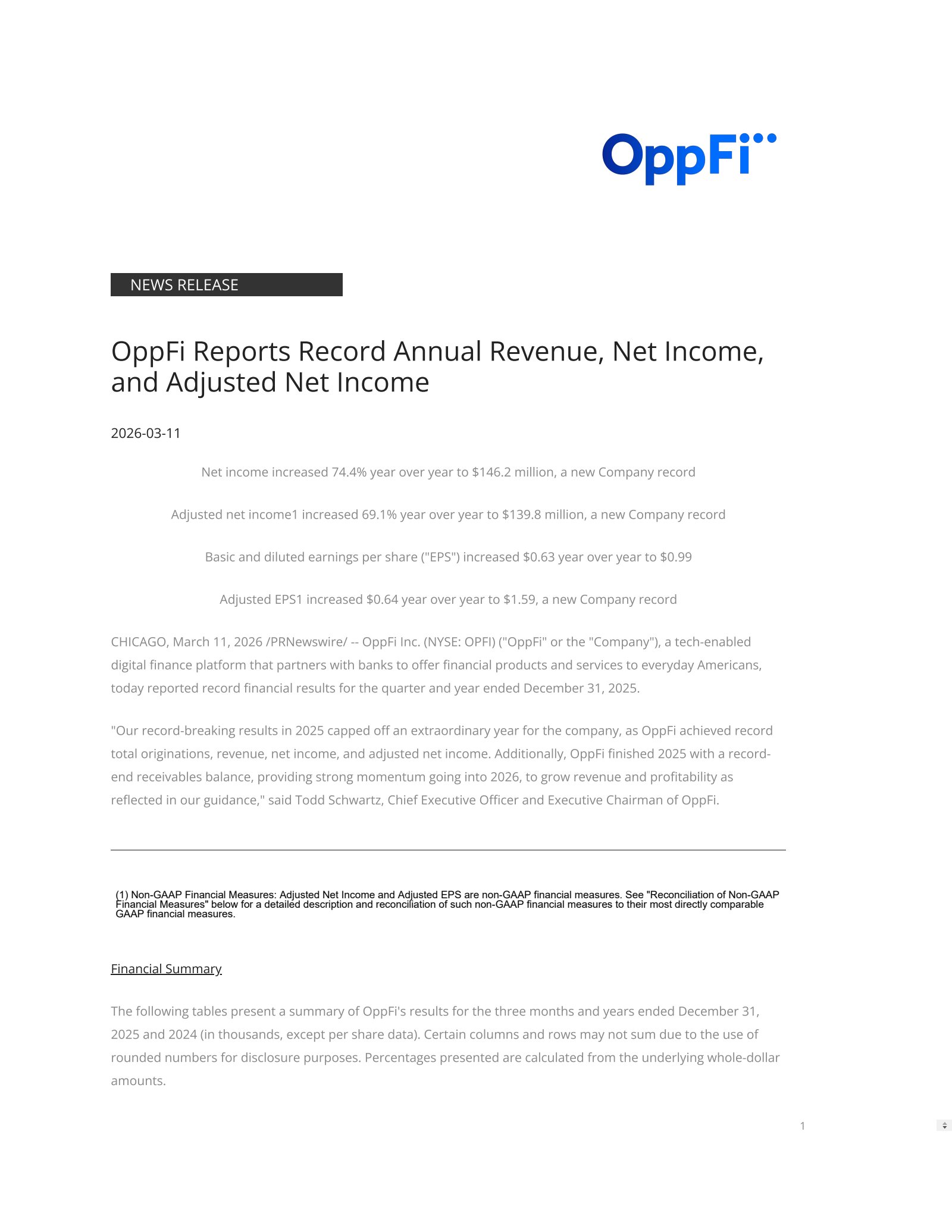 OppFi's Q4 2025 Press Release