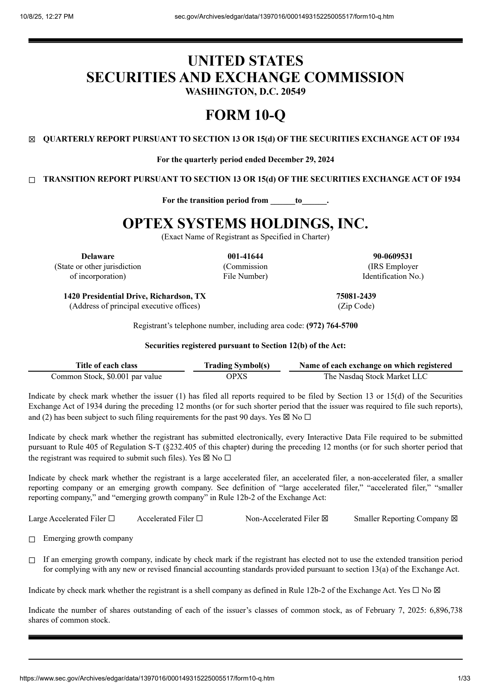 Optex Systems' Q1 2025 Quarterly Report