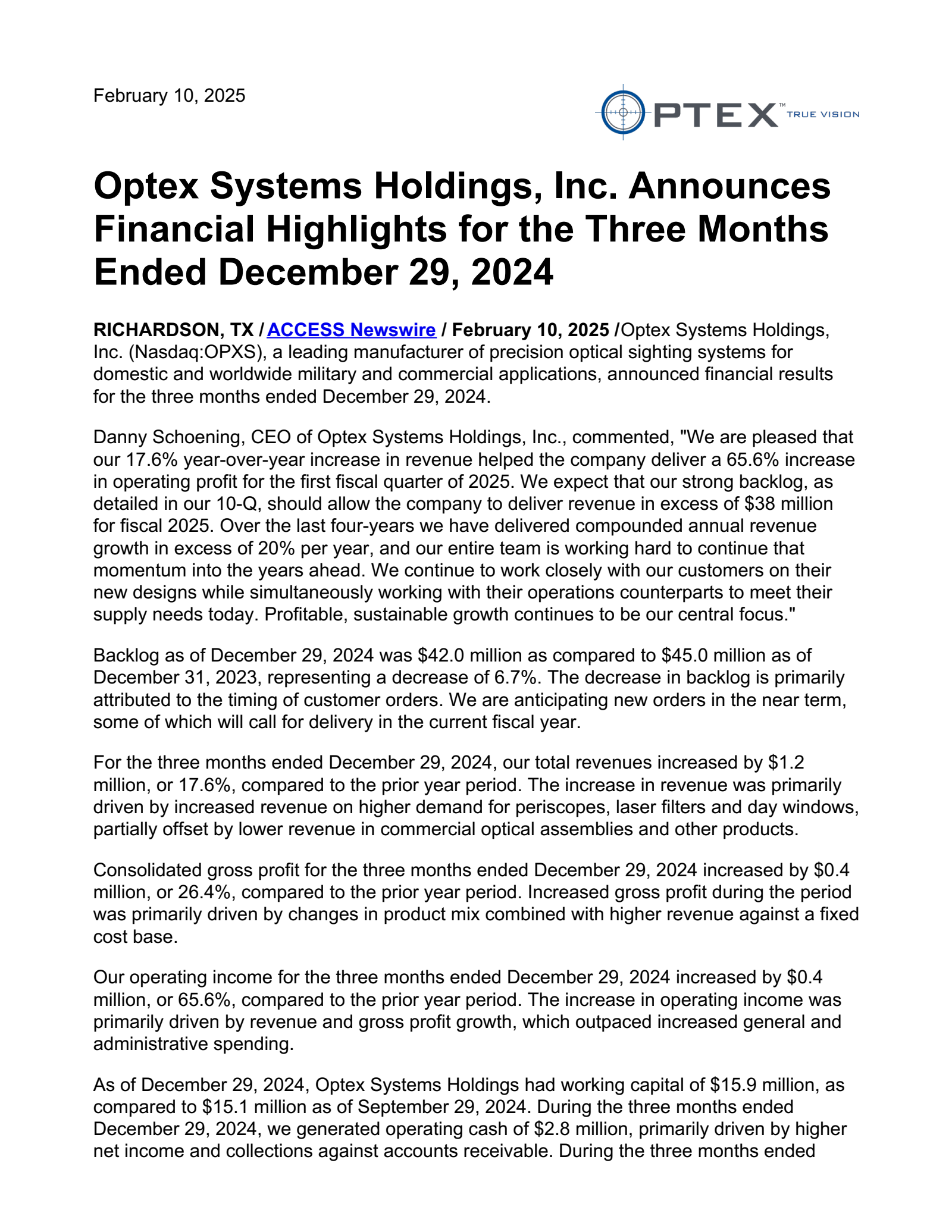 Optex Systems' Q1 2025 Earnings Release