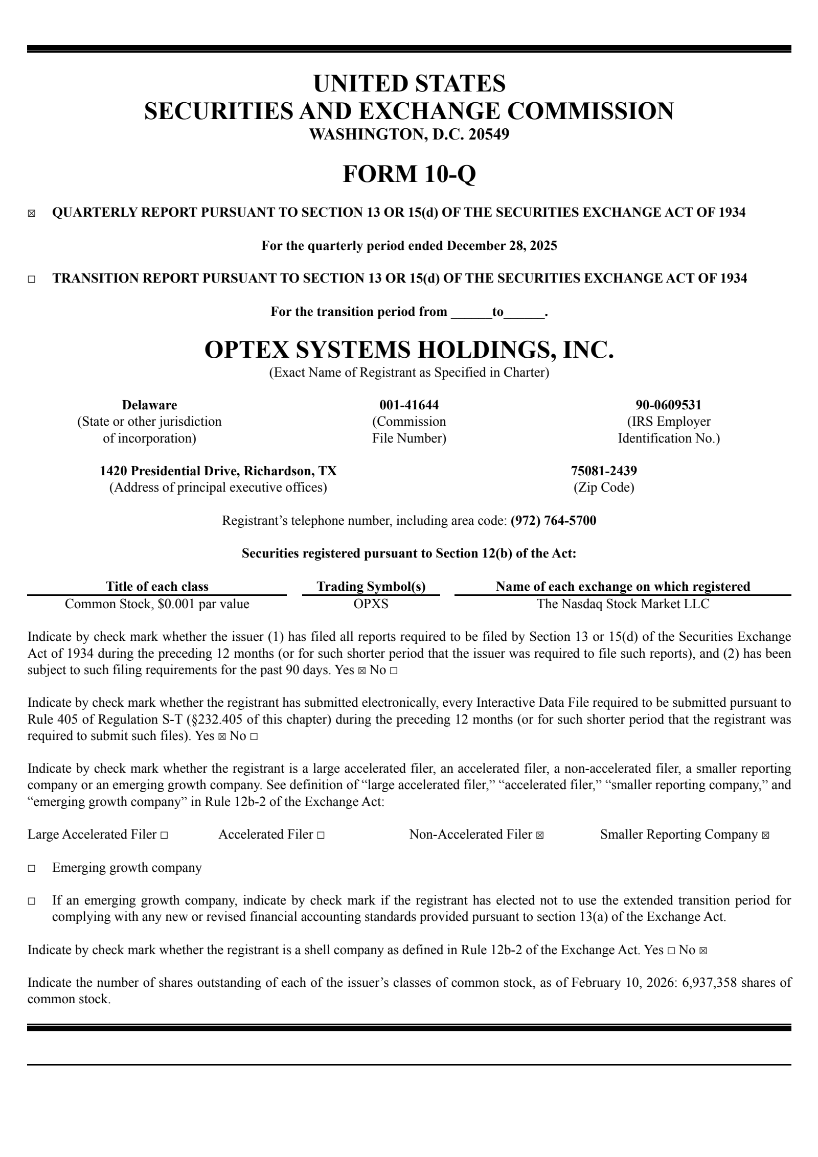 Optex Systems' Q1 2026 Quarterly report