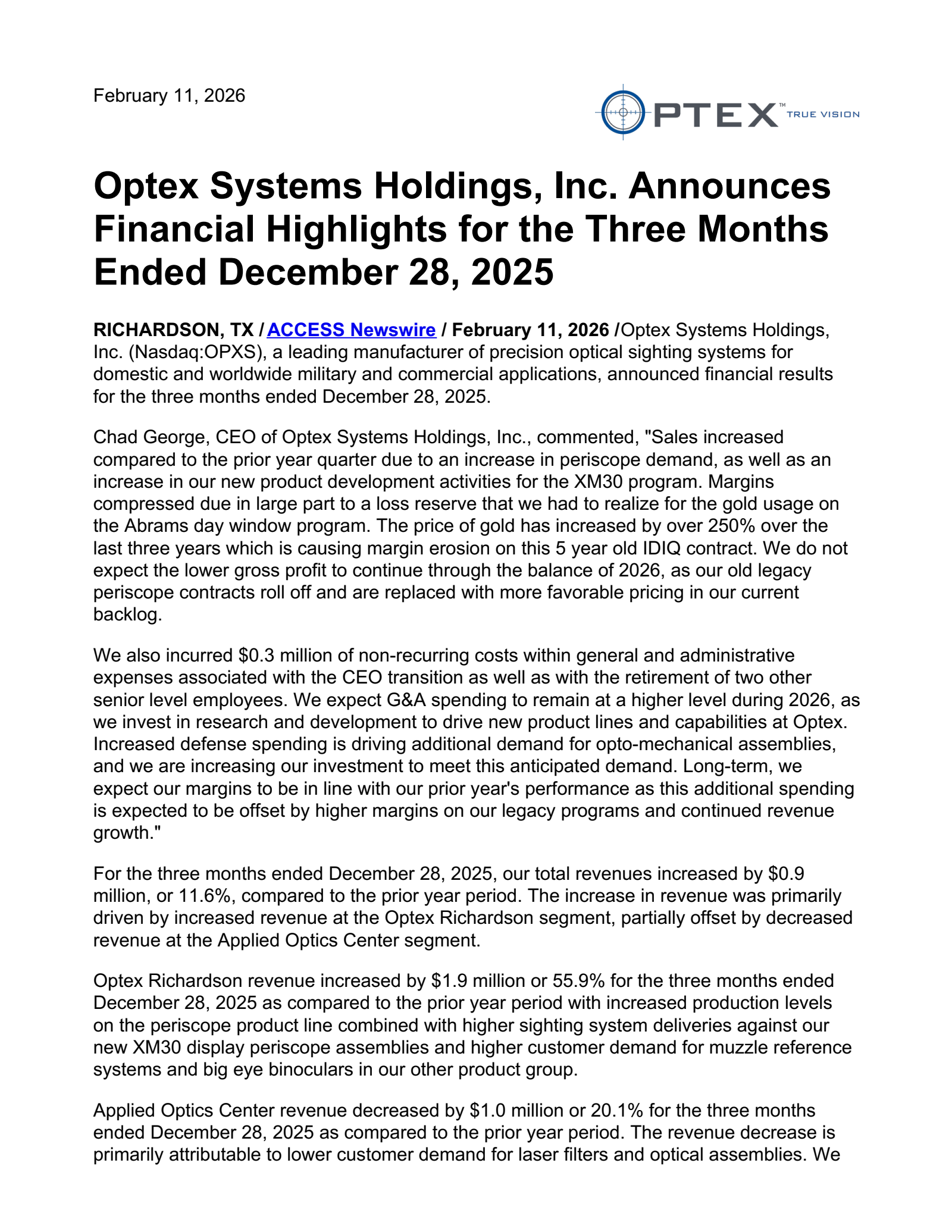 Optex Systems' Q1 2026 Press Release