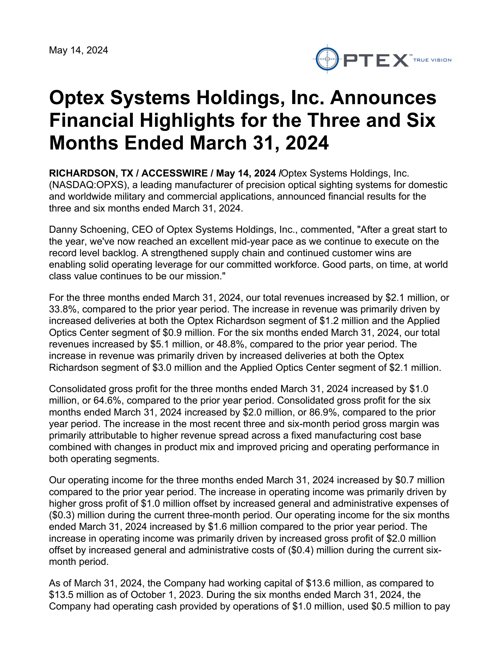 Optex Systems' Q2 2024 Earnings Release