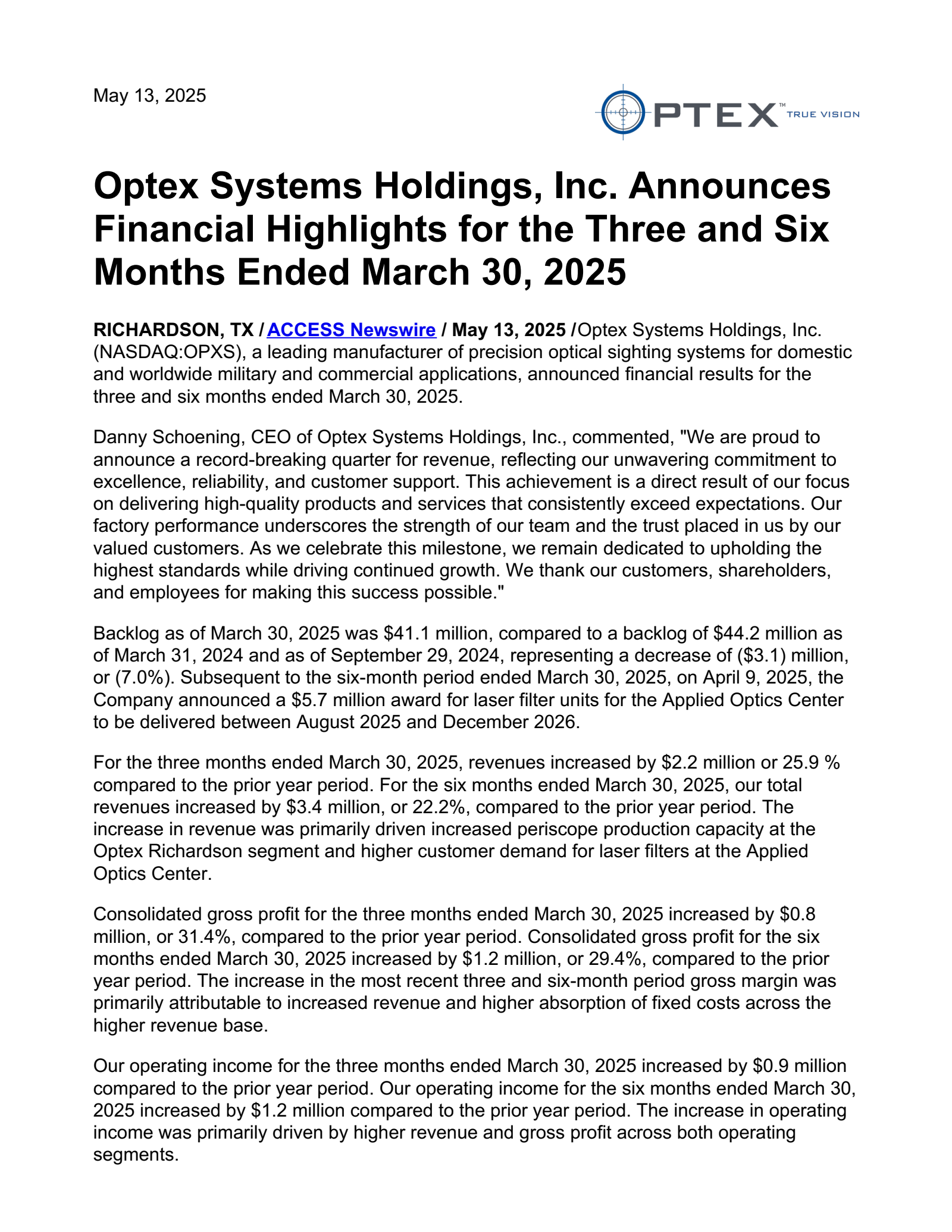 Optex Systems' Q2 2025 Earnings Release
