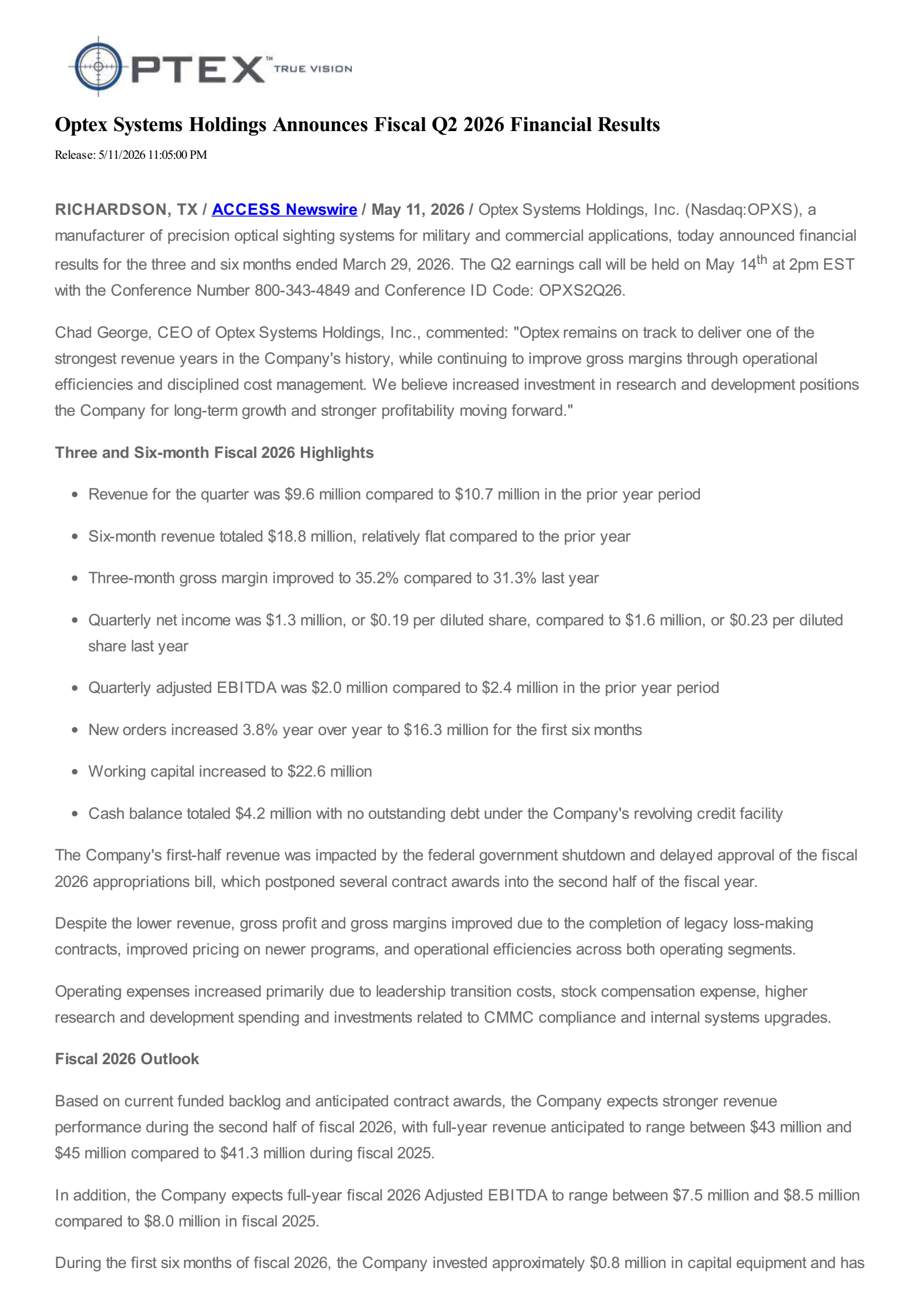 Optex Systems' Q2 2026 Press Release