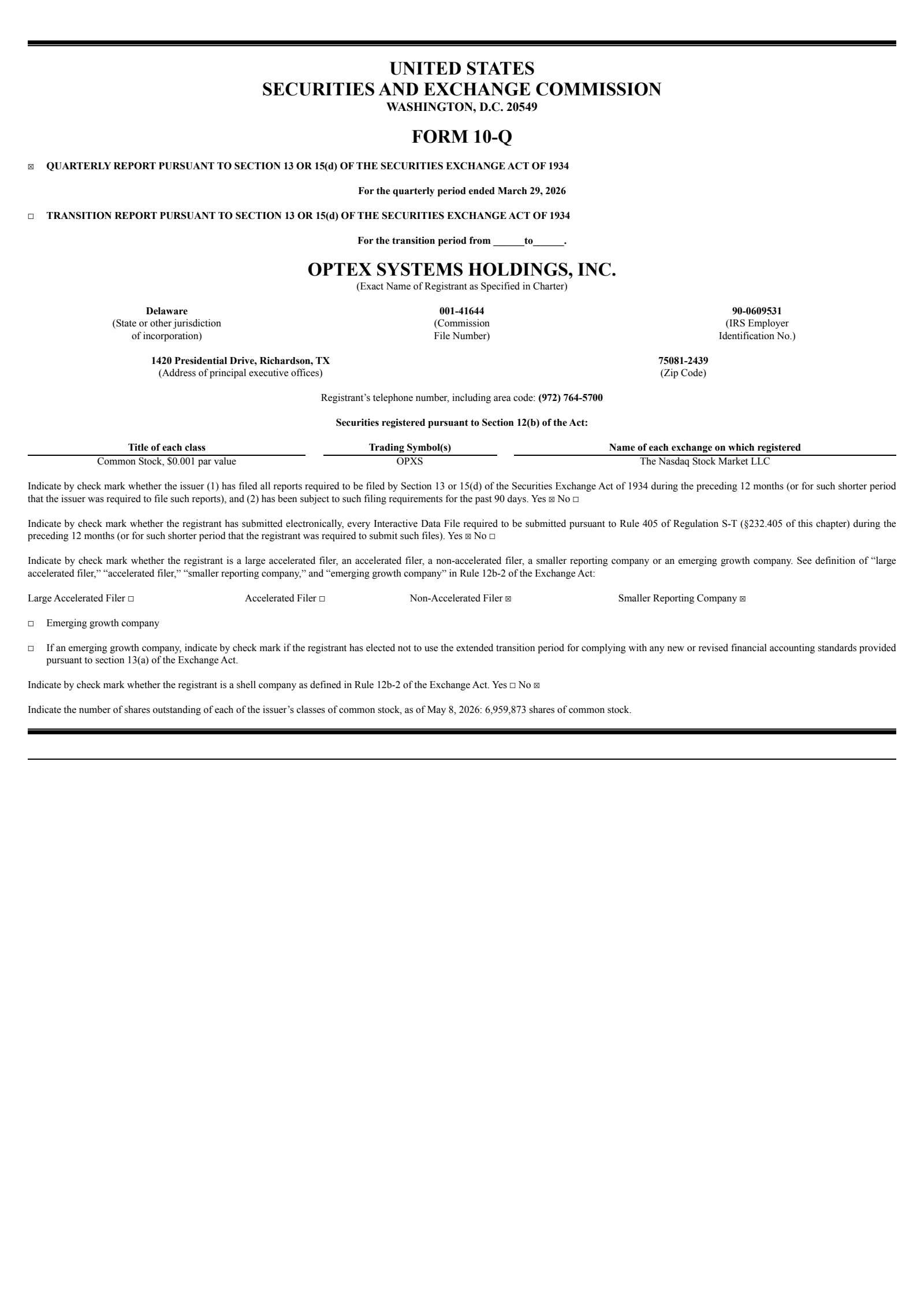 Optex Systems' Q2 2026 Quarterly report