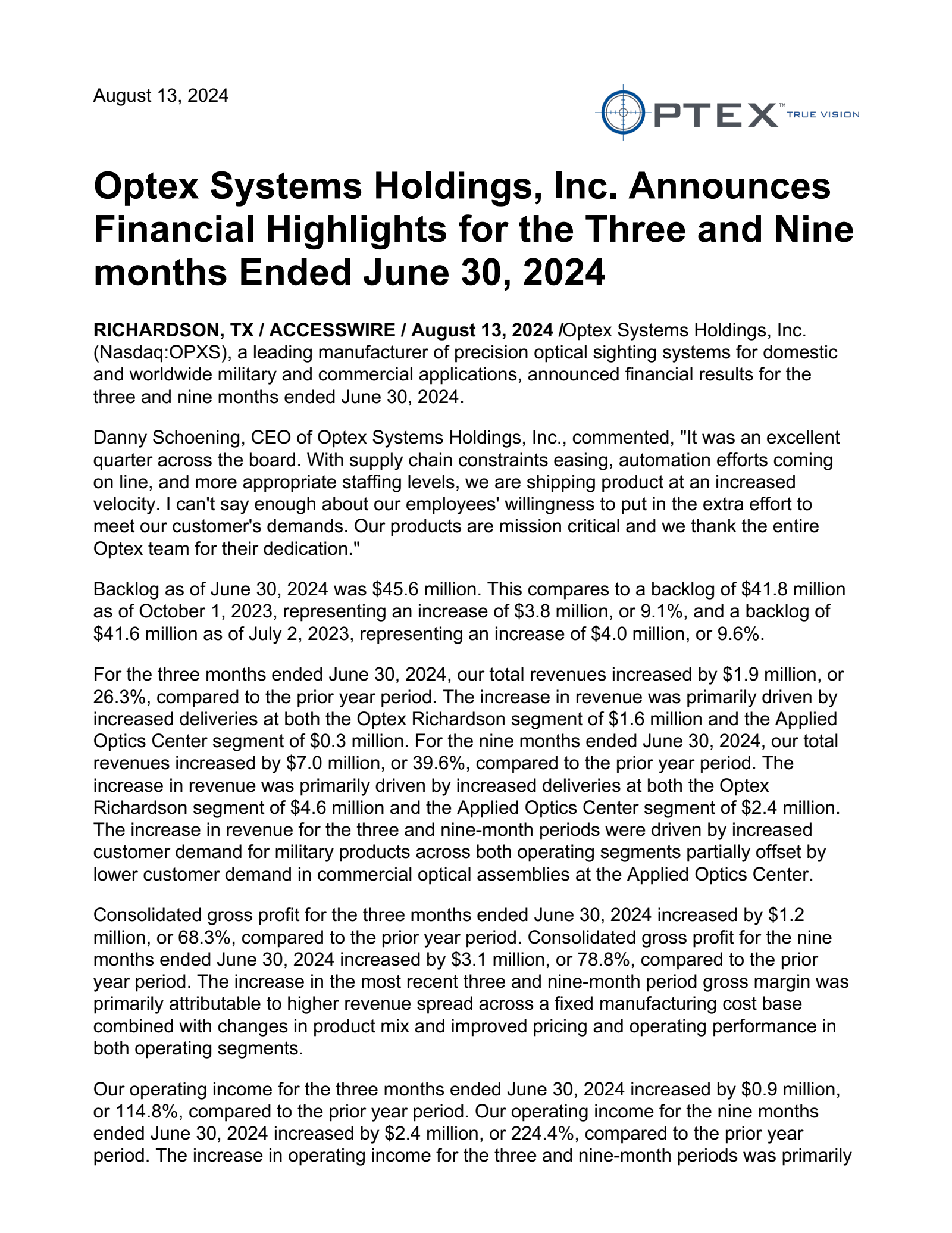 Optex Systems' Q3 2024 Earnings Release